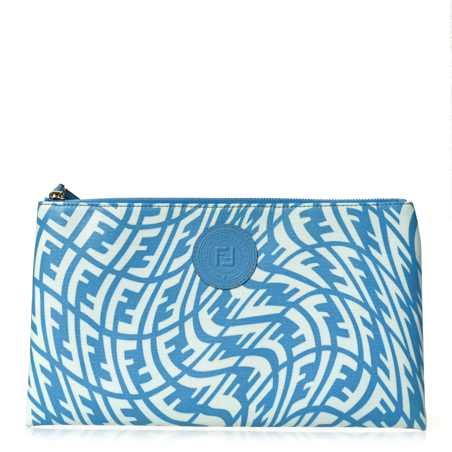 X SARAH COLEMAN Glazed Fabric Jacquard Vitello King FF Vertigo Medium Flat Pouch Cyber Blue White