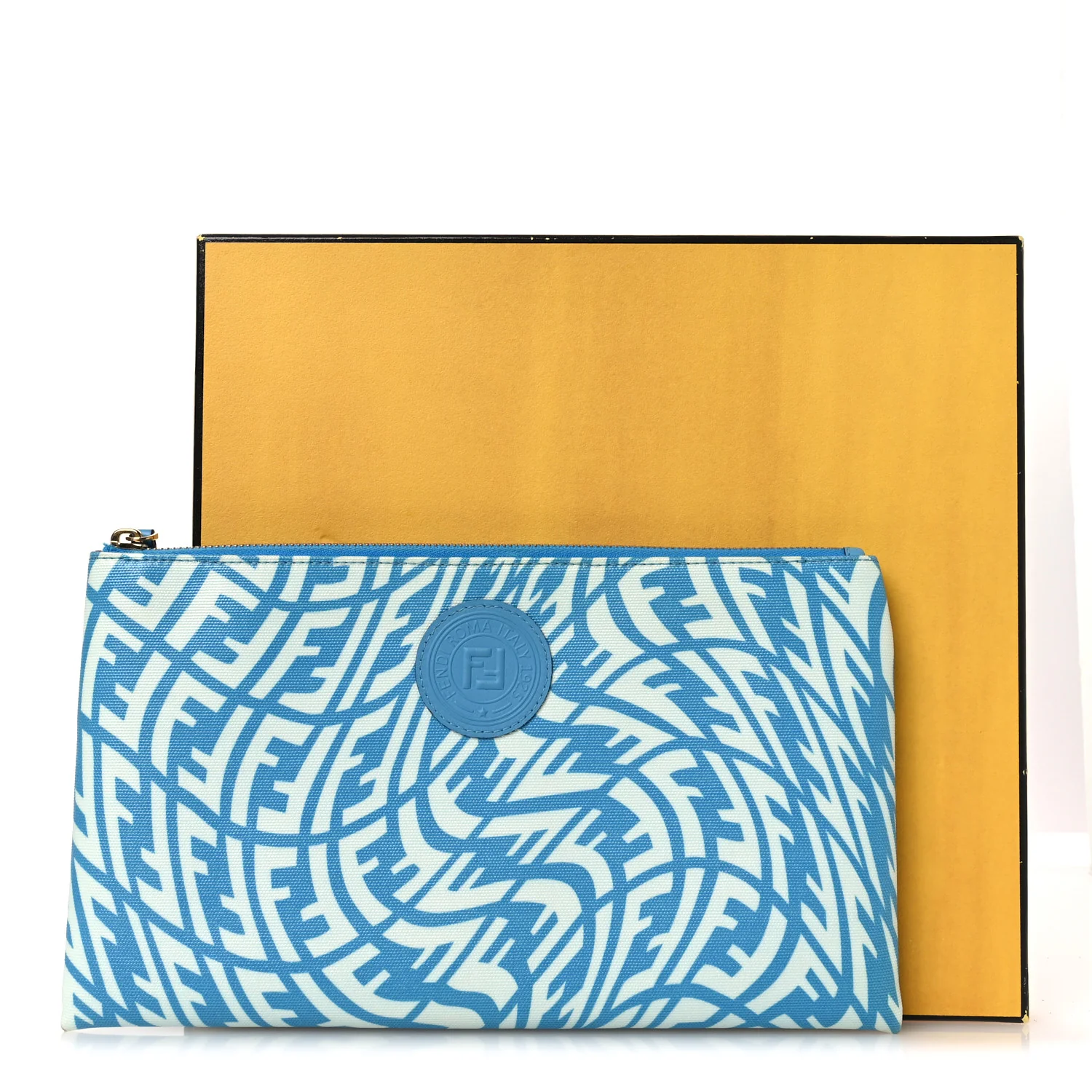 X SARAH COLEMAN Glazed Fabric Jacquard Vitello King FF Vertigo Medium Flat Pouch Cyber Blue White - Image 9