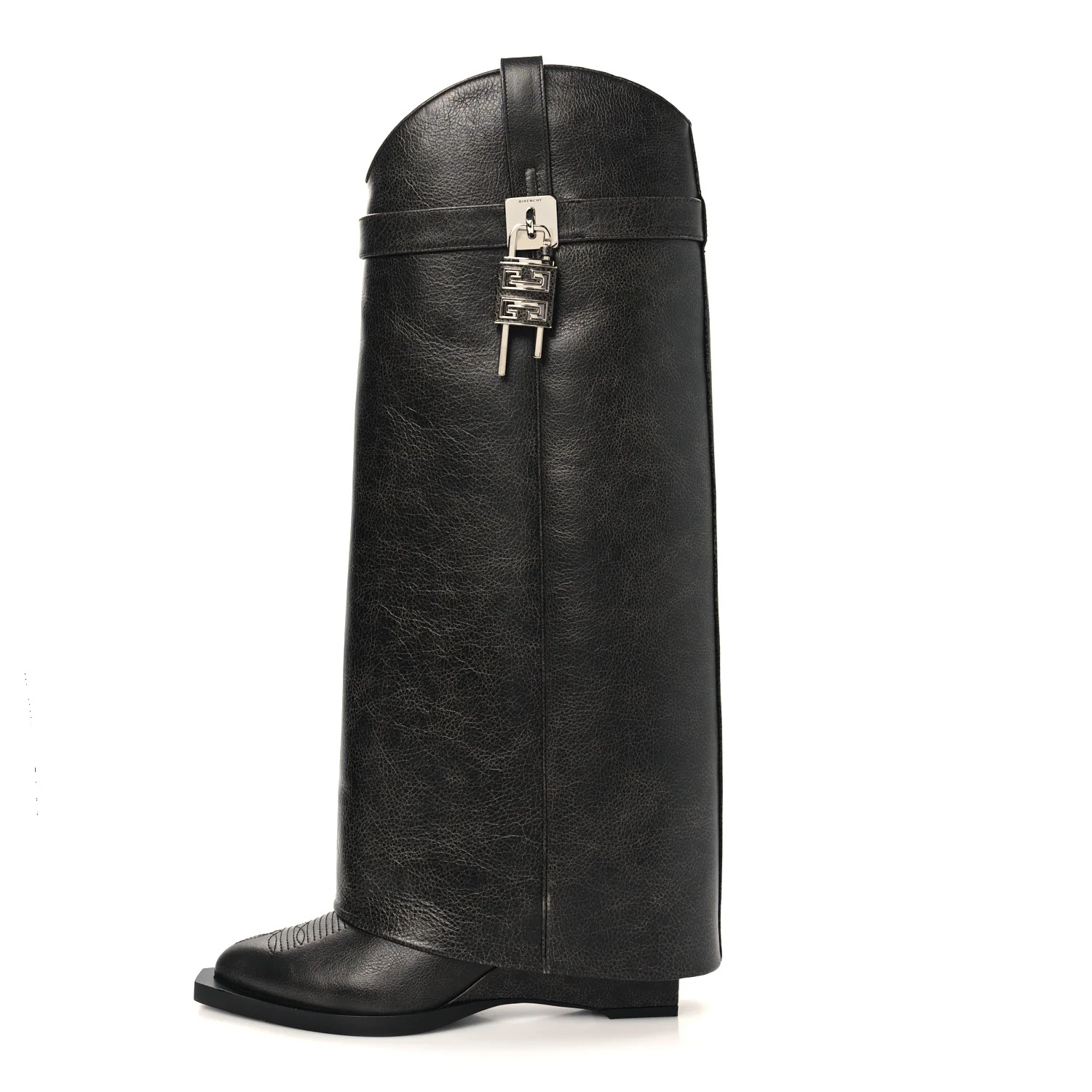 Aged Calfskin Cowboy Shark Lock High Boots 38 Black
