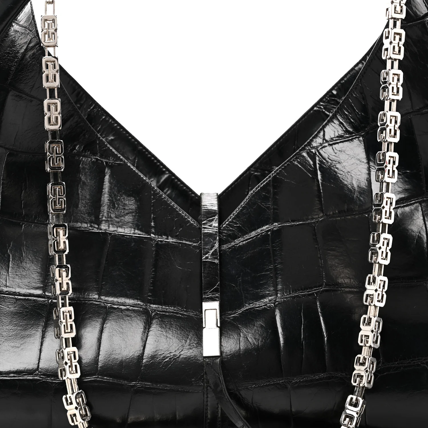 Calfskin Crocodile Embossed Large Cut Out Shoulder Bag Black - Image 8