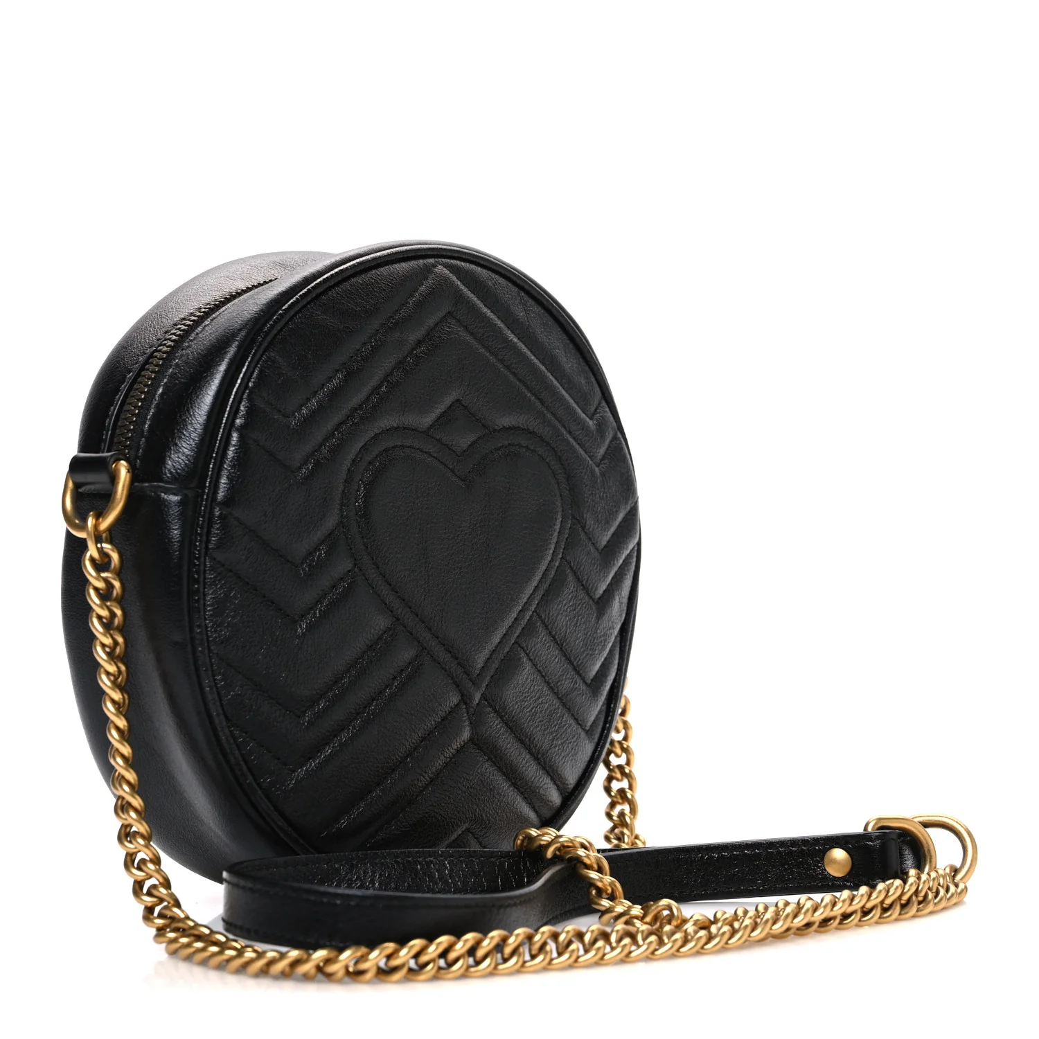 Azalea Calfskin Matelasse Heart Mini GG Marmont Round Shoulder Bag Black - Image 3