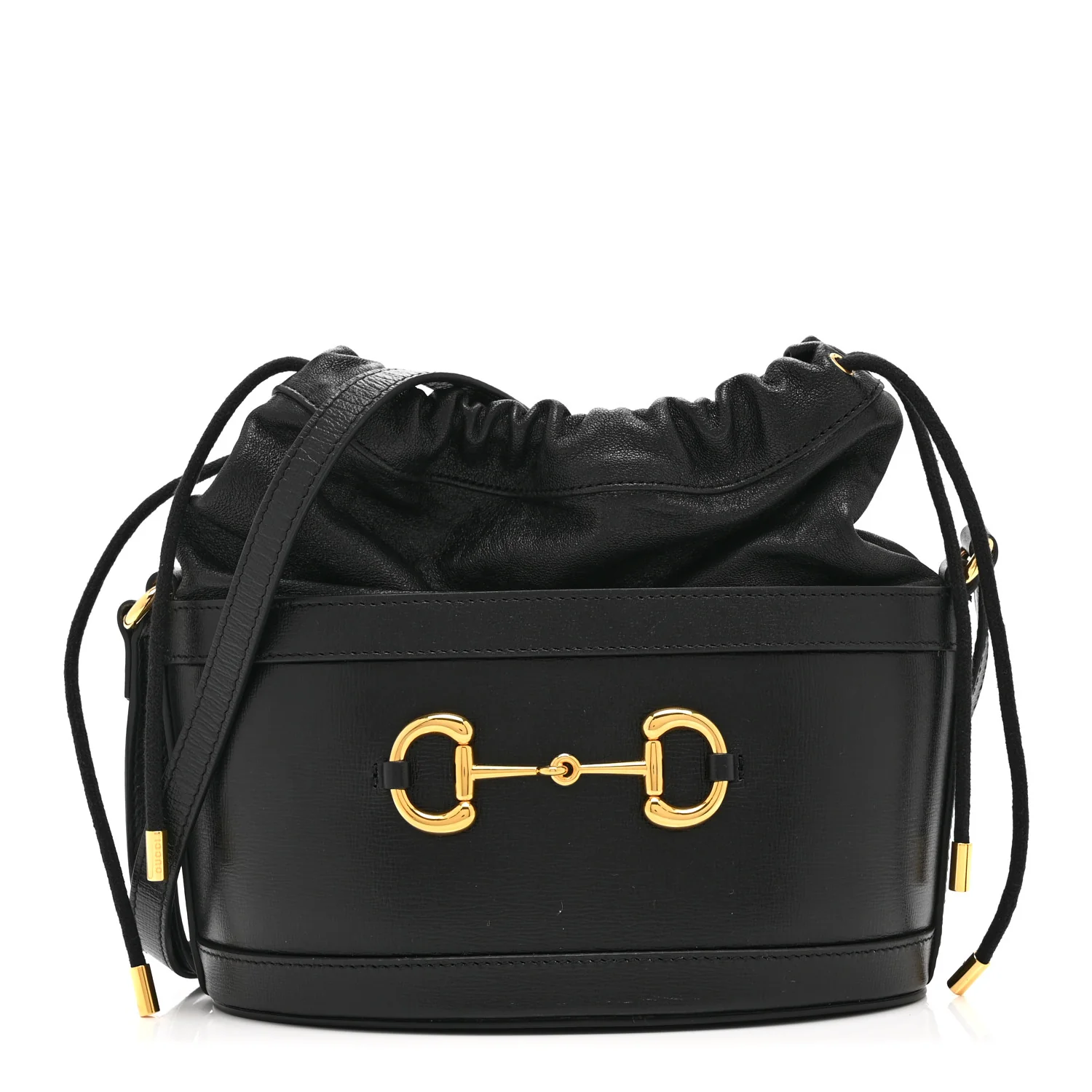 Azalea Sakai Calfskin Horsebit 1955 Drawstring Bucket Bag Black