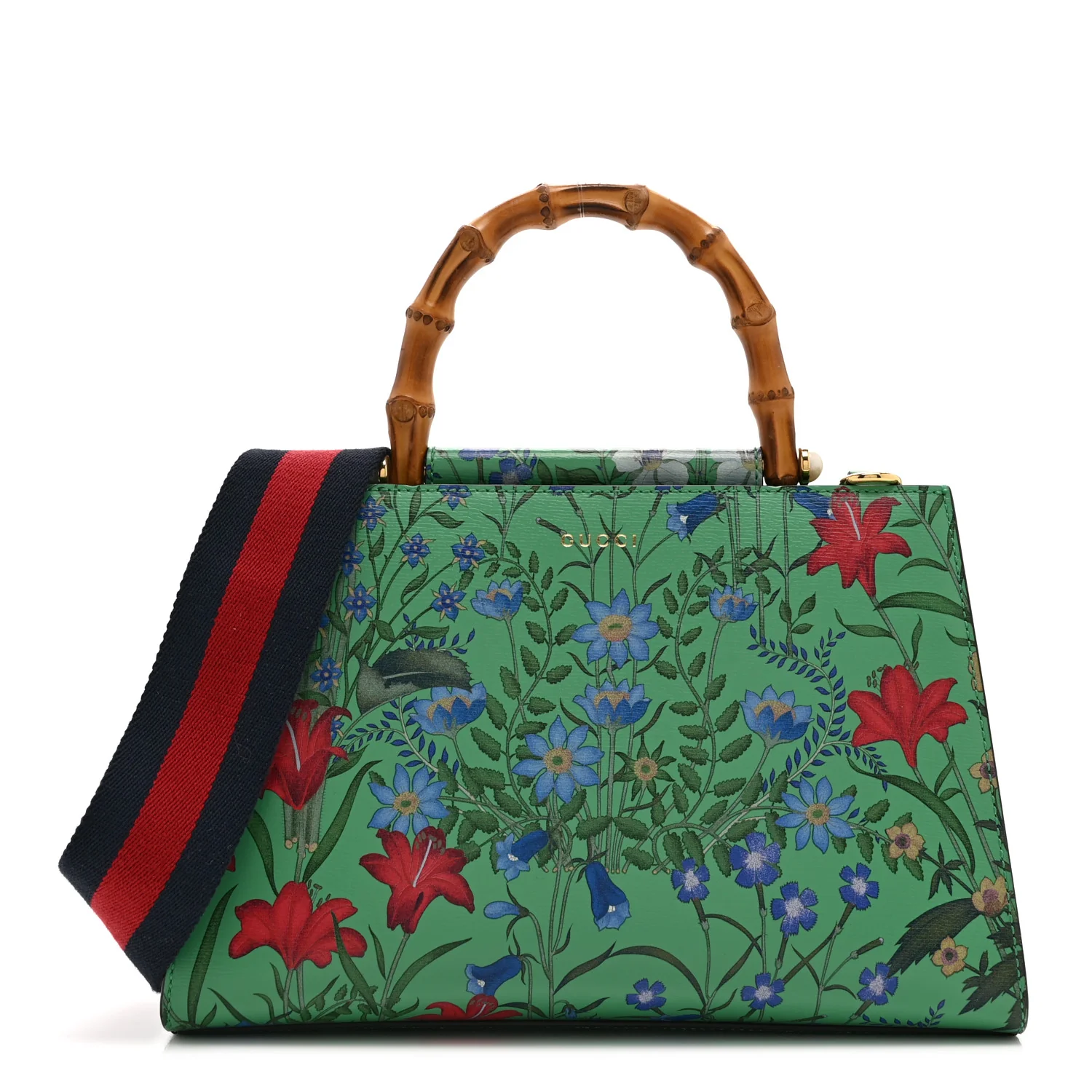 Calfskin Bamboo Web New Flora Small Nymphaea Top Handle Bag Green