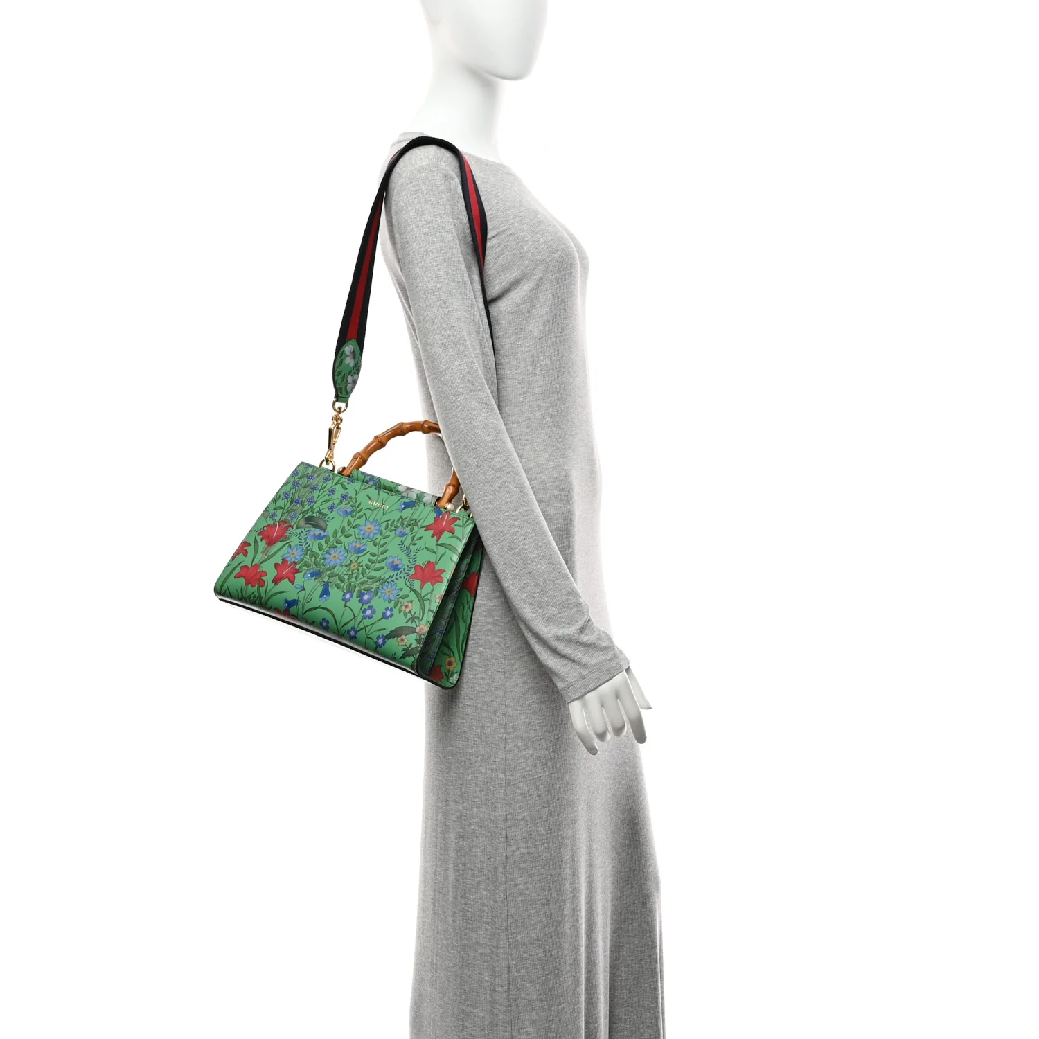 Calfskin Bamboo Web New Flora Small Nymphaea Top Handle Bag Green - Image 2