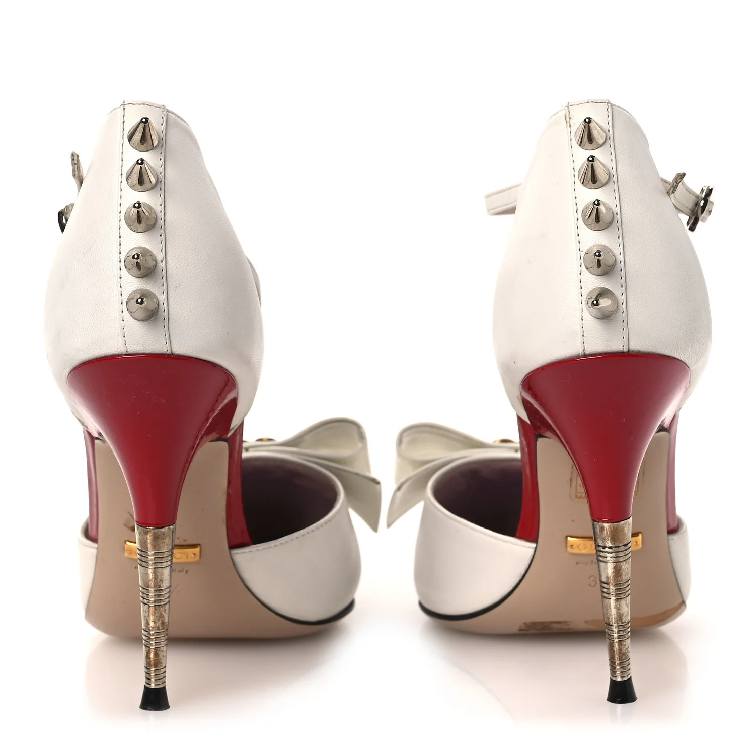 Calfskin Crystal GG Bow Sadie Spike Ankle Strap d'Orsay High Heel Pumps 35.5 White - Image 6