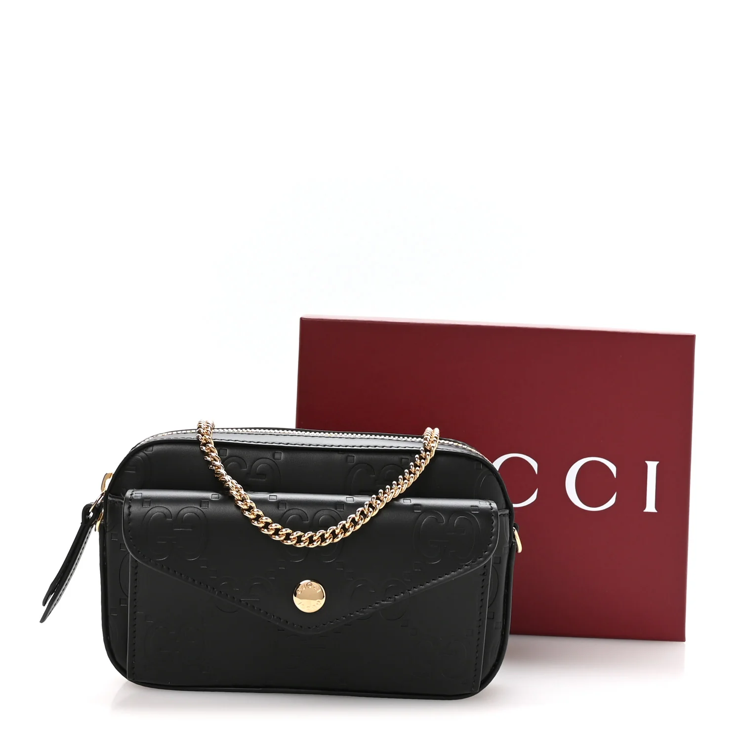 Calfskin GG Super Mini Debossed Chain Wallet Black - Image 11