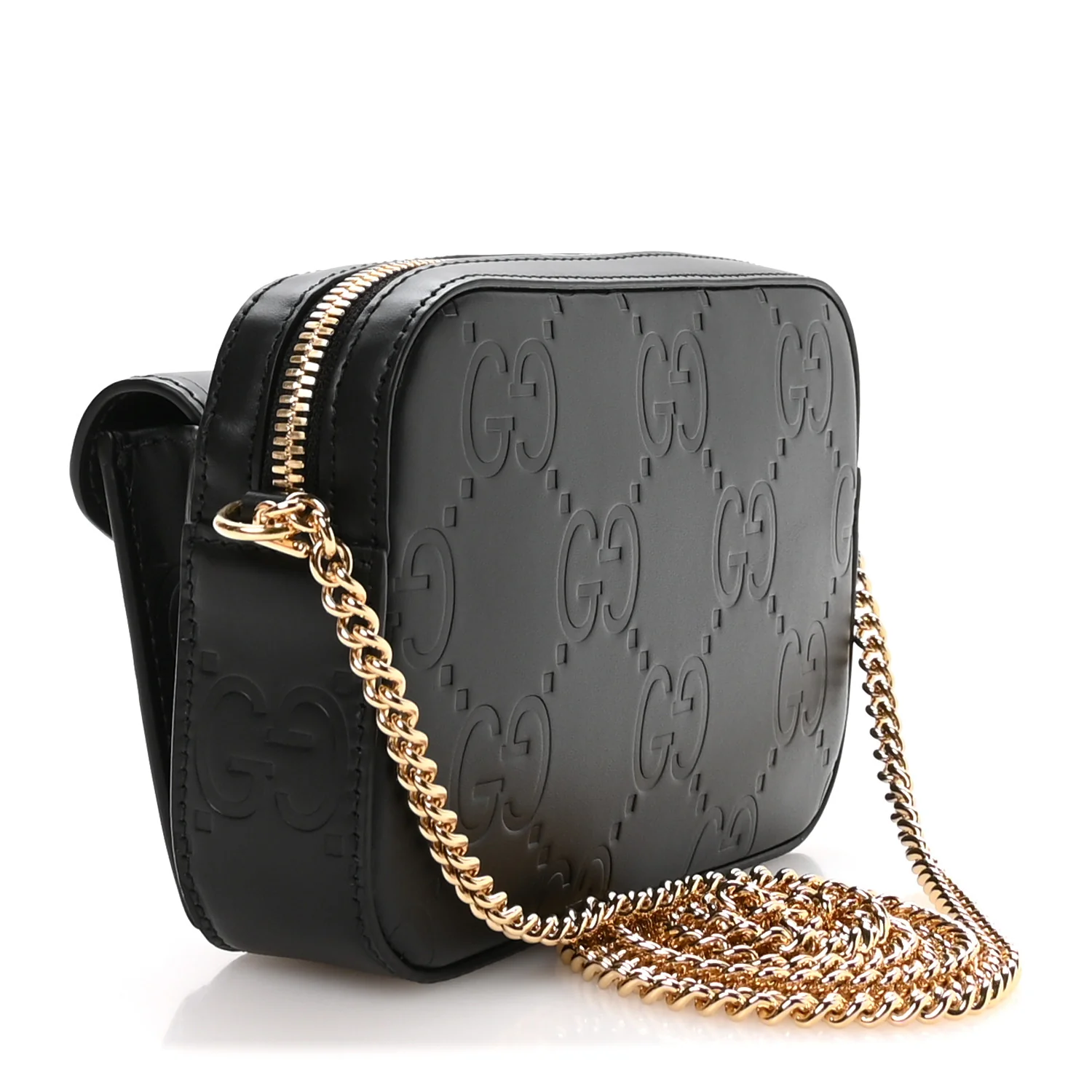 Calfskin GG Super Mini Debossed Chain Wallet Black - Image 3