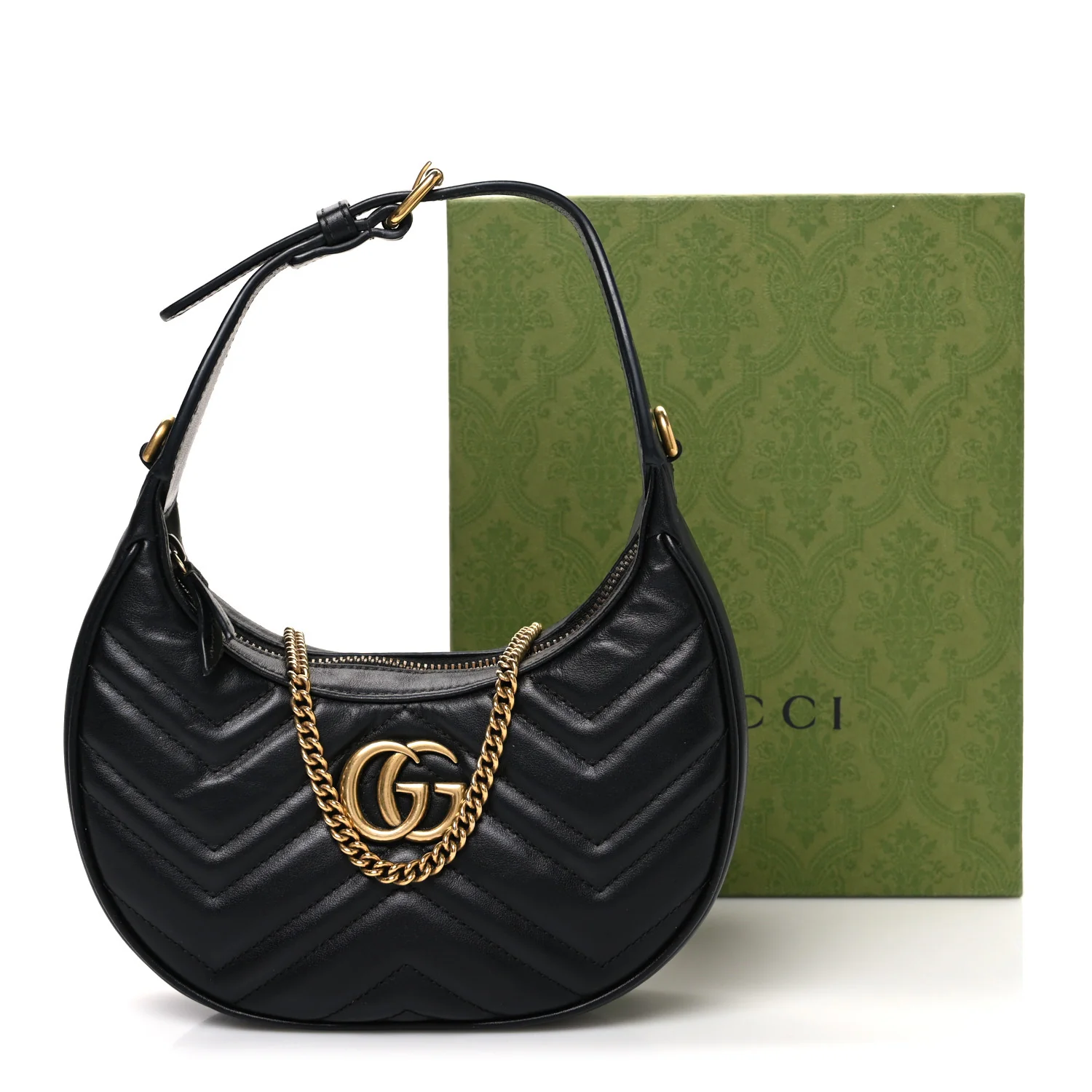 Calfskin Matelasse Chevron Mini GG Marmont Half Moon Hobo Black - Image 11