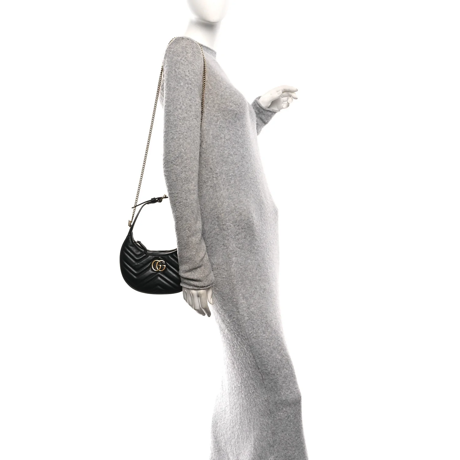 Calfskin Matelasse Chevron Mini GG Marmont Half Moon Hobo Black - Image 2
