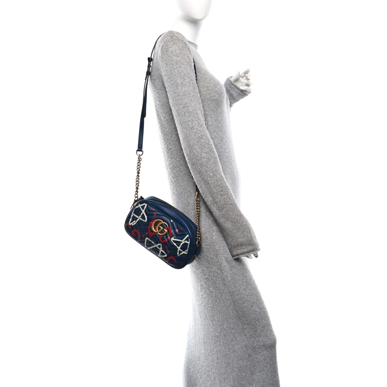 Calfskin Matelasse GucciGhost Small GG Marmont Chain Shoulder Bag Black Hibiscus Red - Image 2