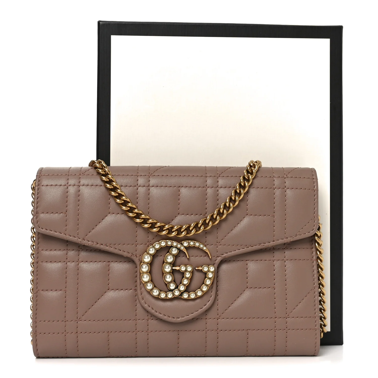 Calfskin Matelasse Mini Pearly GG Marmont Chain Wallet Porcelain Rose - Image 11