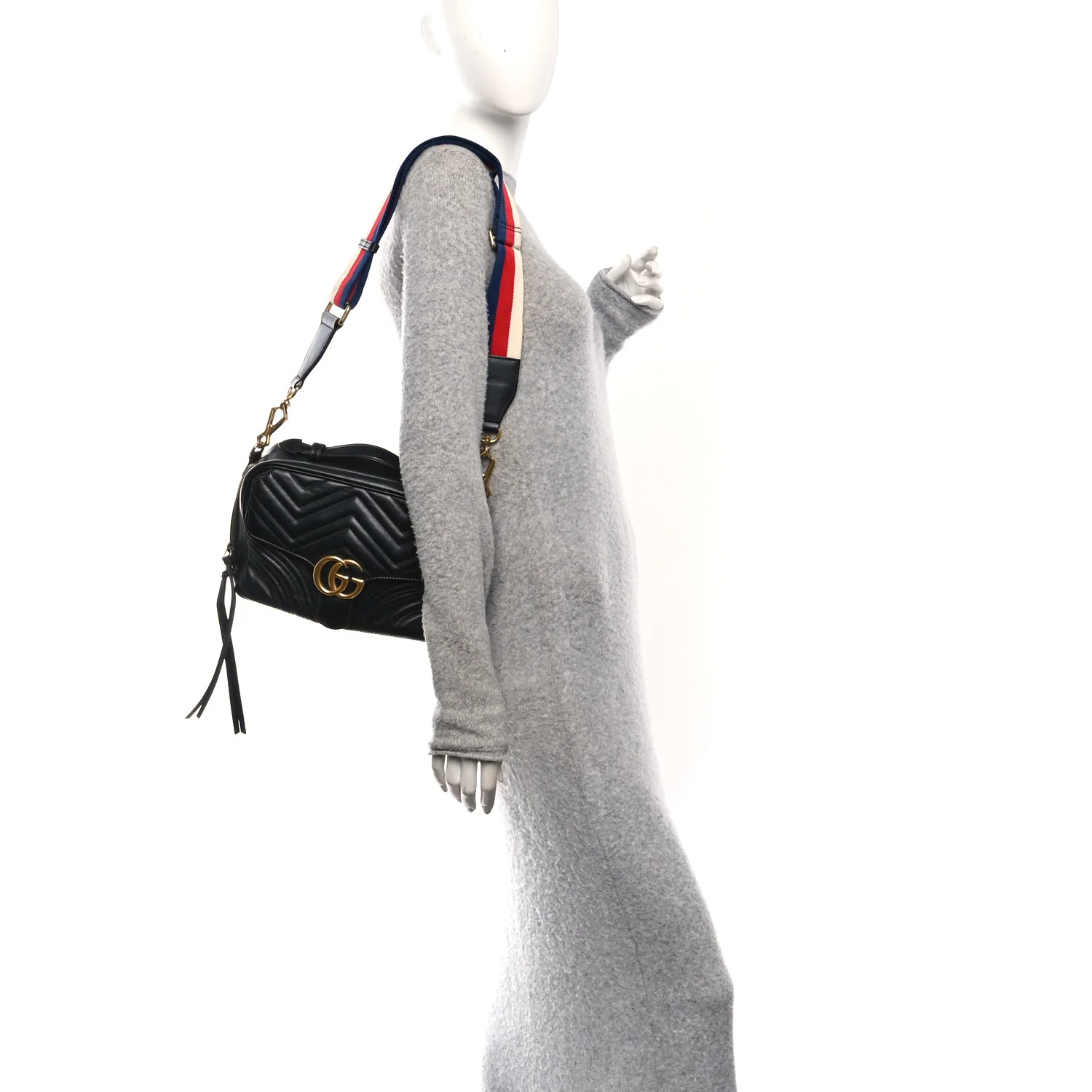 Calfskin Matelasse Sylvie Web Small GG Marmont Top Handle Shoulder Bag Black - Image 2