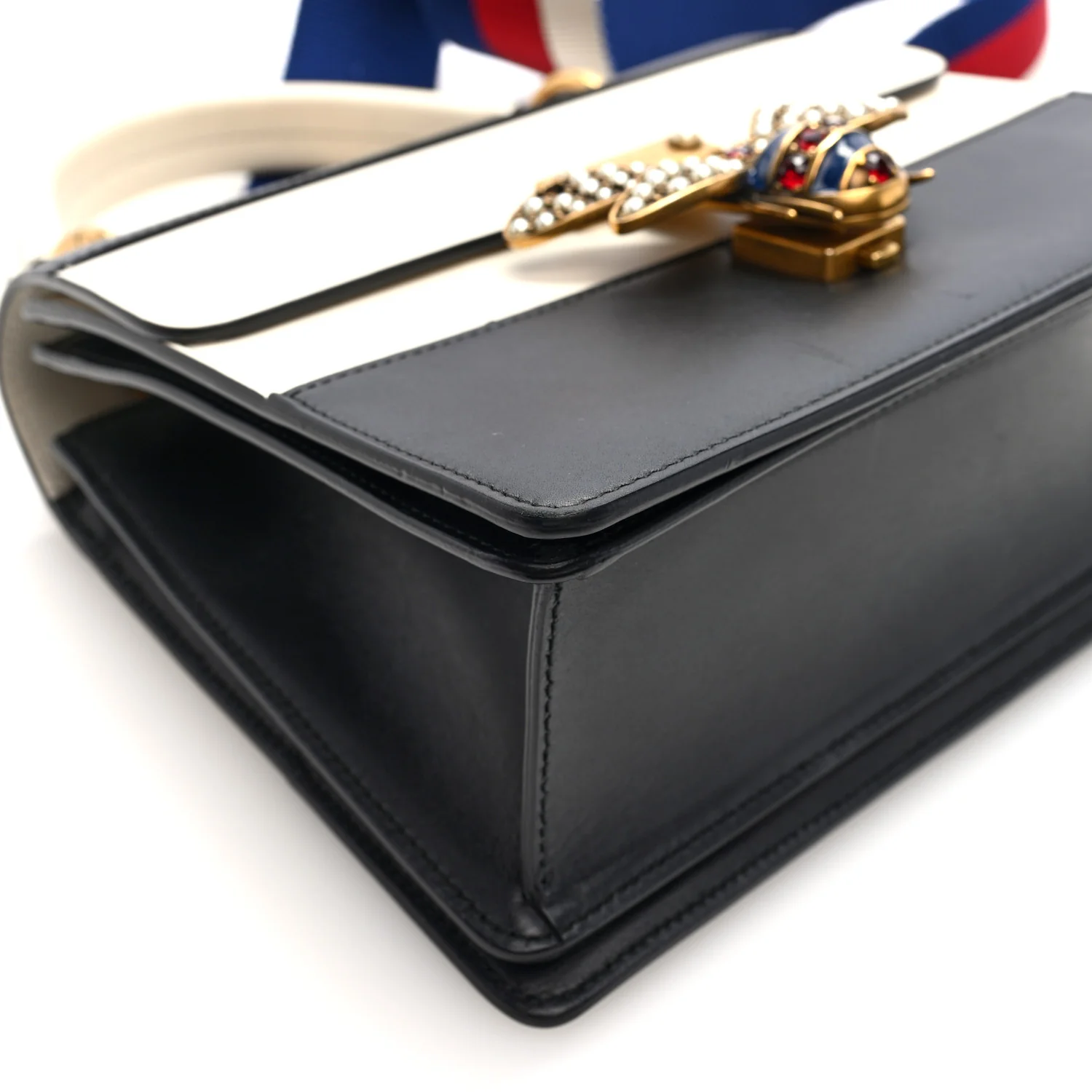 Calfskin Sylvie Web Small Queen Margaret Top Handle Bag Black White - Image 9