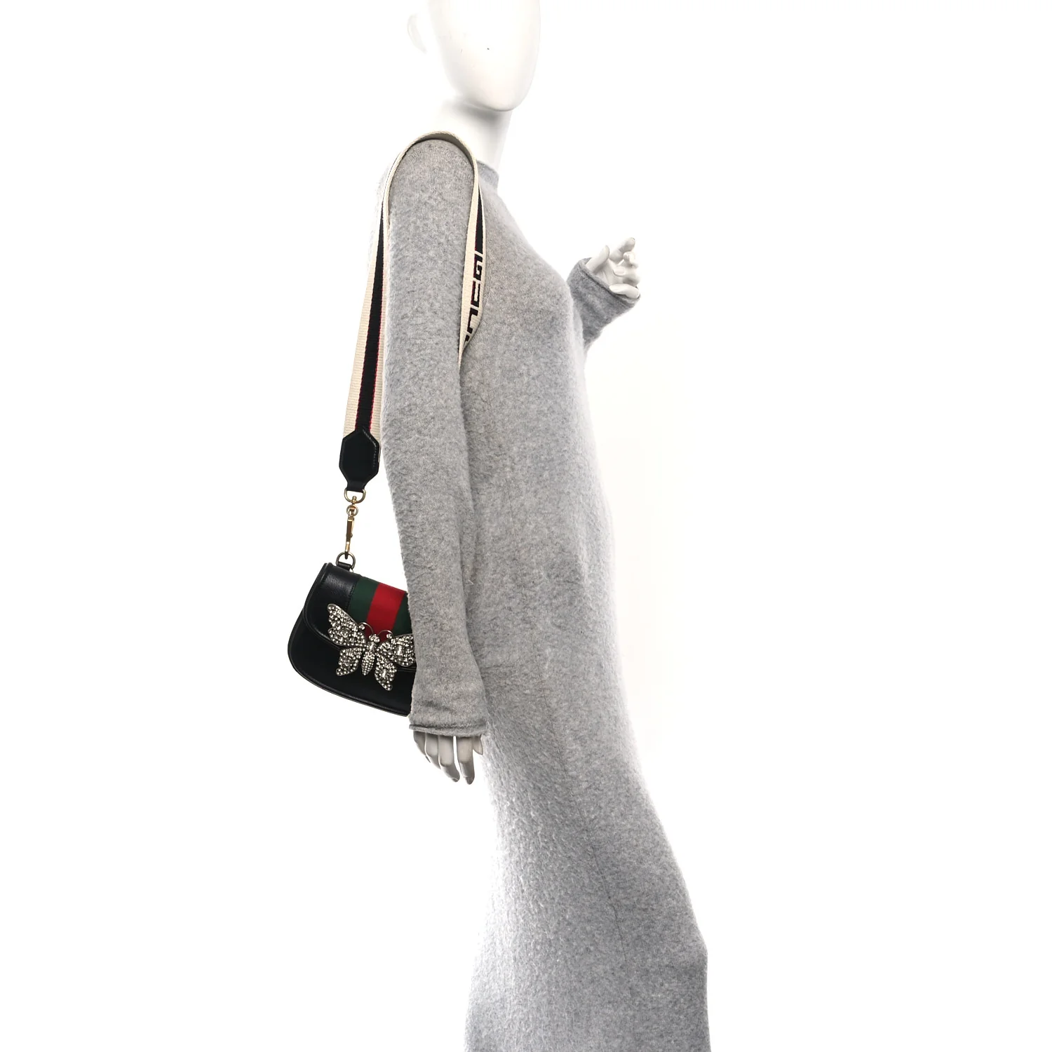 Calfskin Web Crystal Butterfly Stripe Small Totem Shoulder Bag Black - Image 2