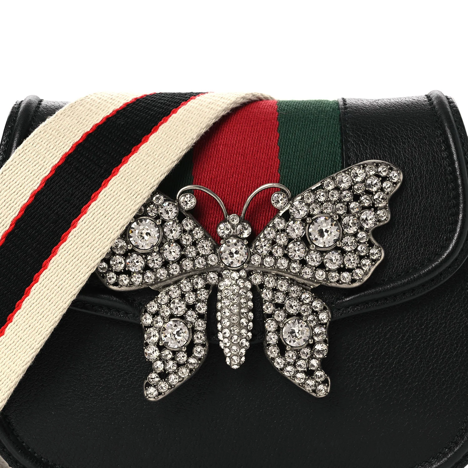 Calfskin Web Crystal Butterfly Stripe Small Totem Shoulder Bag Black - Image 8