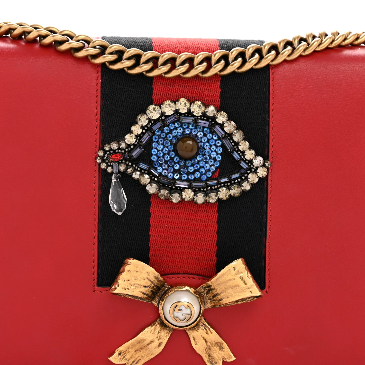 Calfskin Web Medium Peony Chain Shoulder Bag Red - Image 8