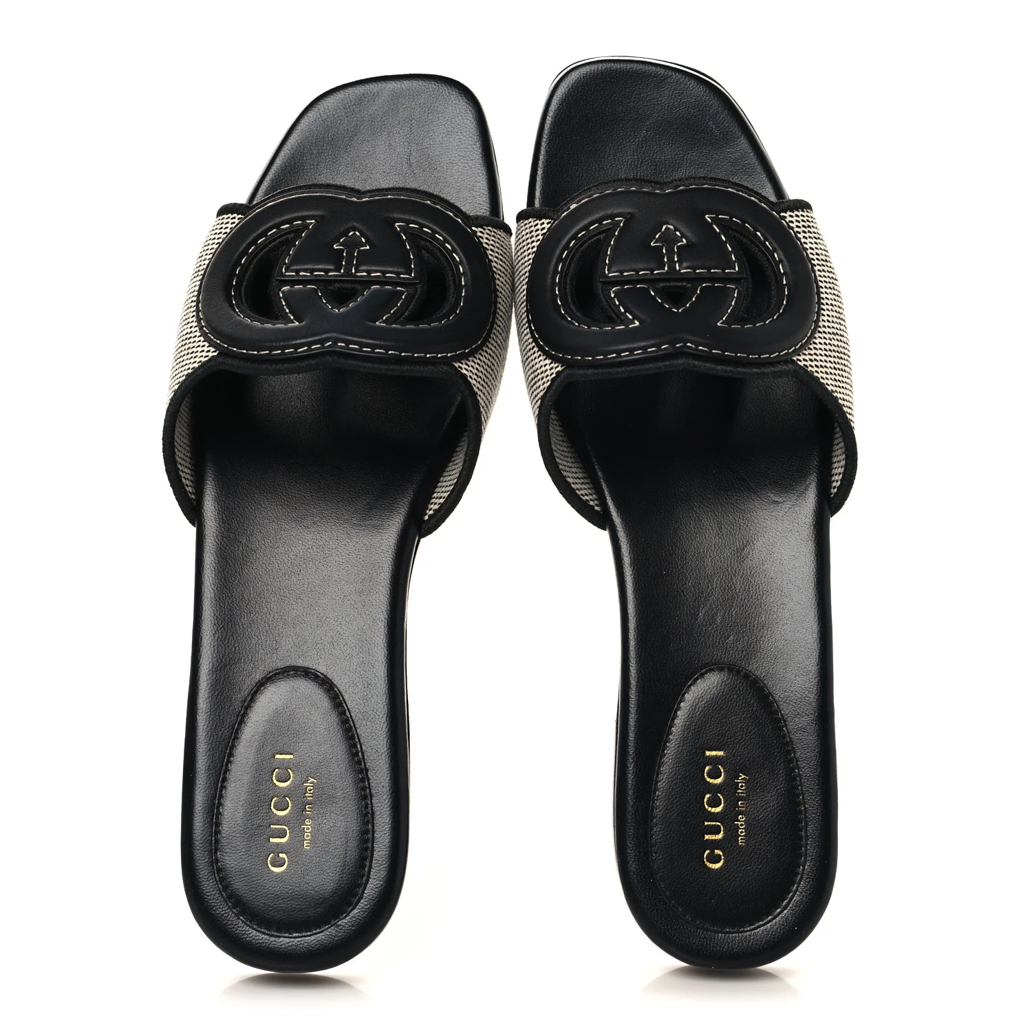 Canvas Rice Cosmos Softy Calfskin Interlocking G Cut Out Slide Sandals 37.5 Black Natural - Image 2
