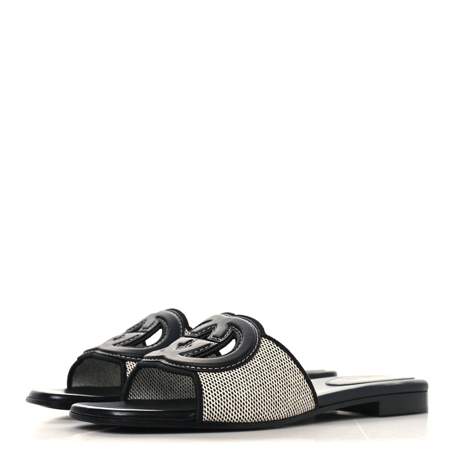 Canvas Rice Cosmos Softy Calfskin Interlocking G Cut Out Slide Sandals 37.5 Black Natural - Image 4