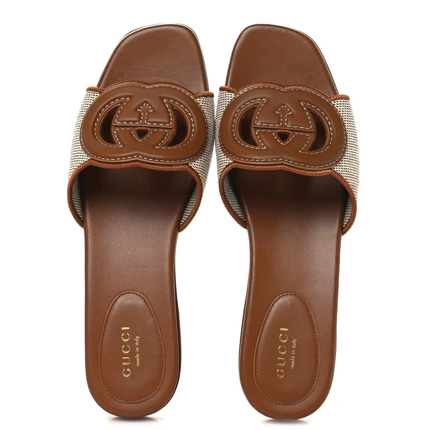 Canvas Rice Cosmos Softy Calfskin Interlocking G Cut Out Slide Sandals 38 Brown Natural Sundial - Image 2
