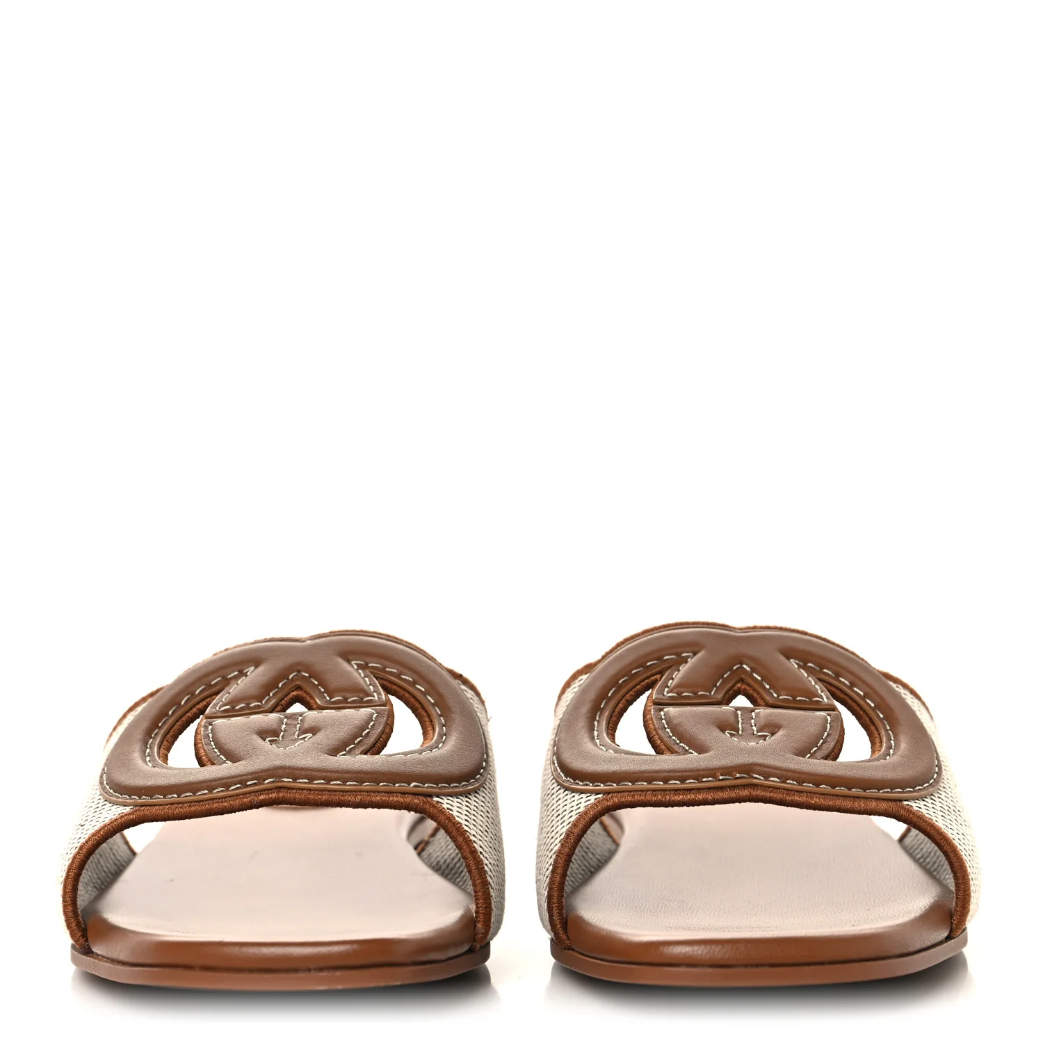 Canvas Rice Cosmos Softy Calfskin Interlocking G Cut Out Slide Sandals 38 Brown Natural Sundial - Image 3