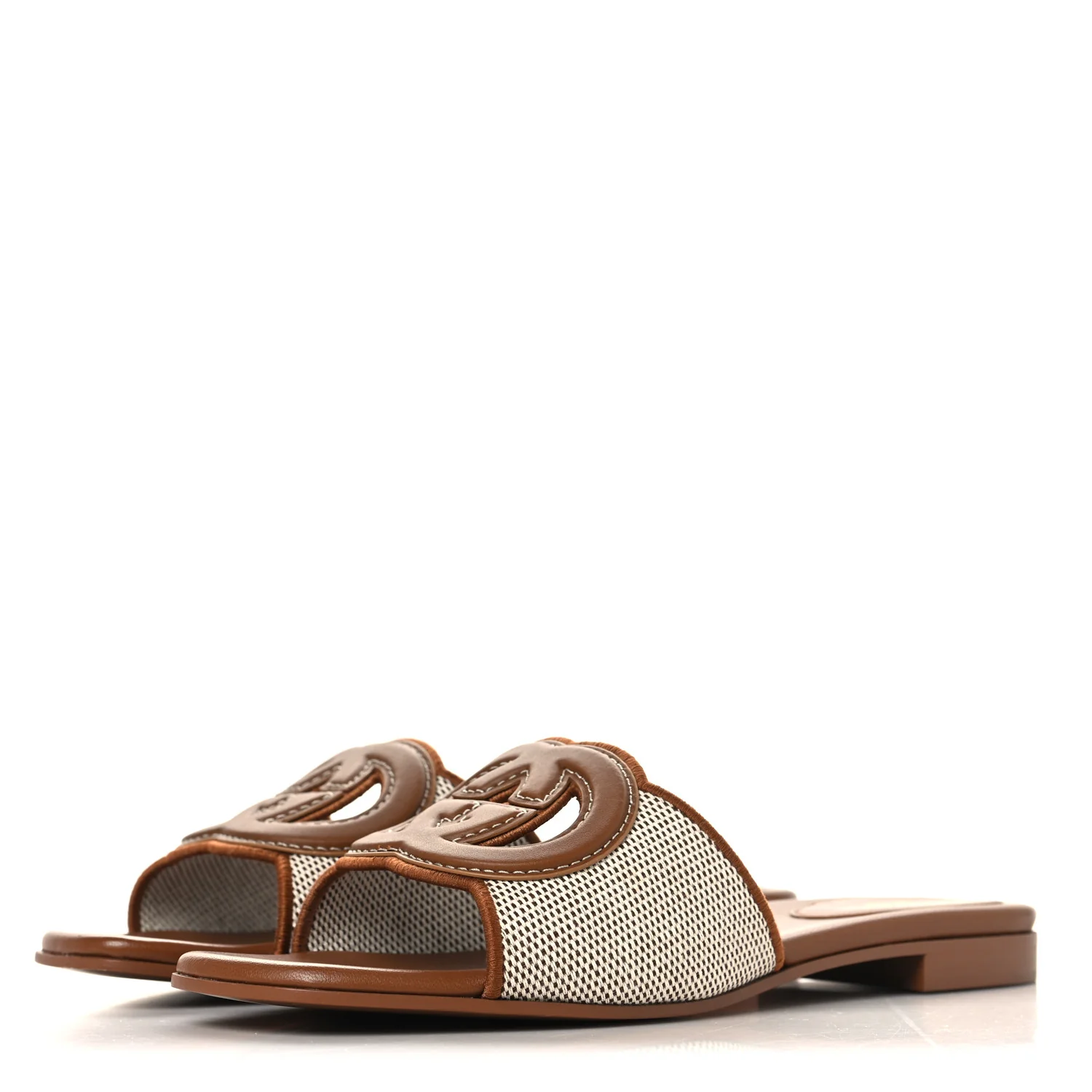 Canvas Rice Cosmos Softy Calfskin Interlocking G Cut Out Slide Sandals 38 Brown Natural Sundial - Image 4