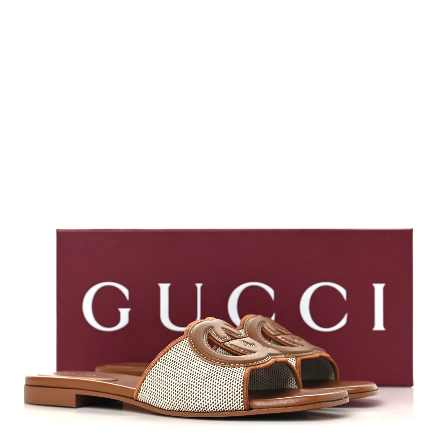 Canvas Rice Cosmos Softy Calfskin Interlocking G Cut Out Slide Sandals 38 Brown Natural Sundial - Image 9