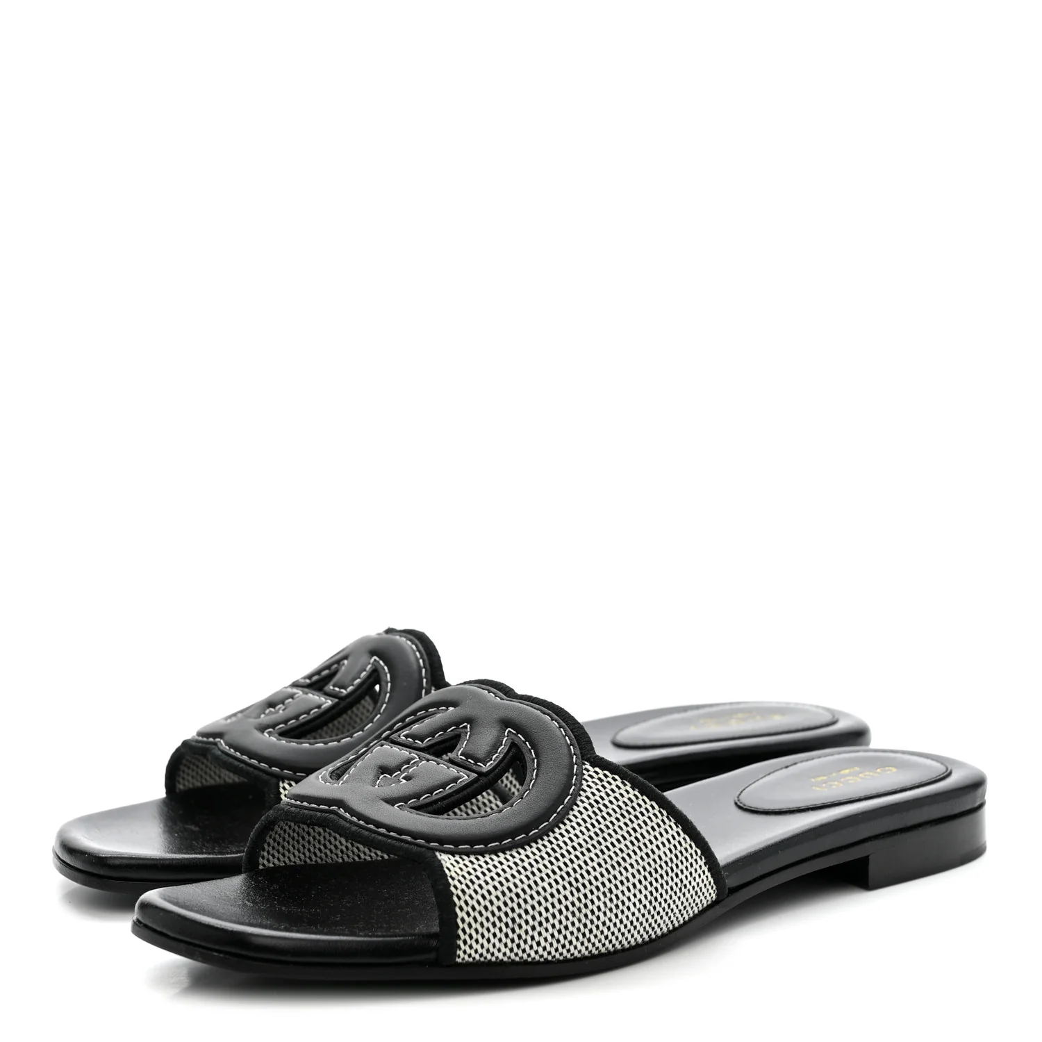 Cosmo Softy Calfskin Canvas Interlocking G Cut Out Slide Sandals 37.5 Natural Black - Image 4