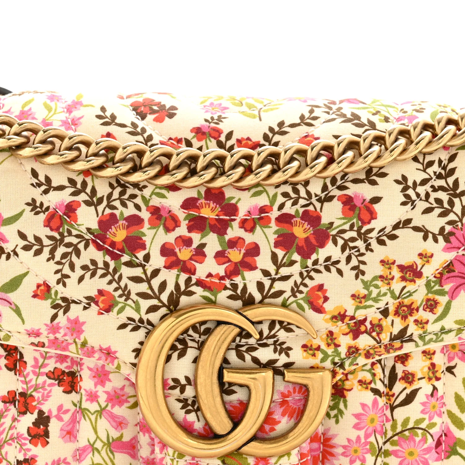 Cotton Calfskin Matelasse Floral Print Small GG Marmont Shoulder Bag Ivory Pink - Image 7