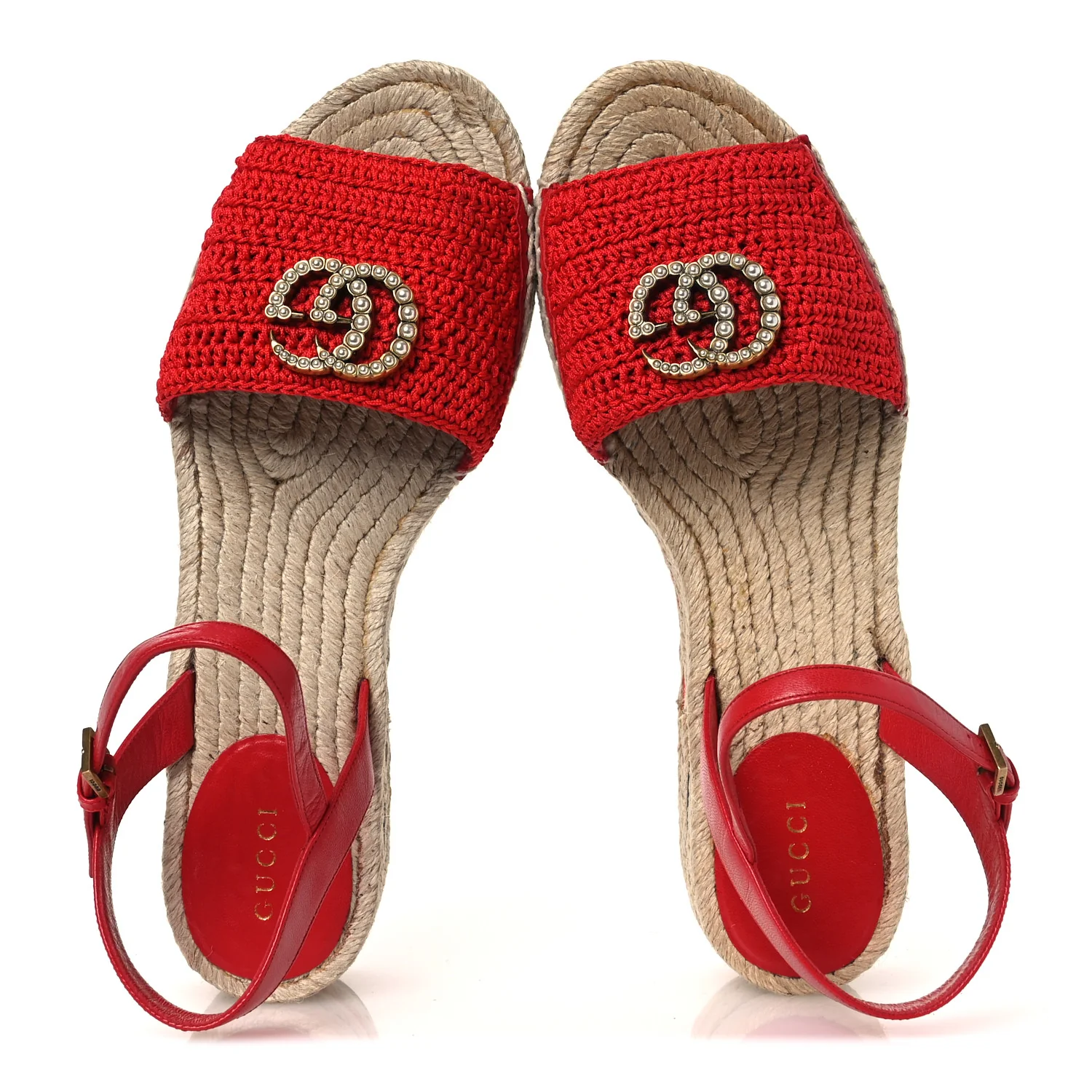 Cotton Malaga Kid Crochet Pearly GG Lilibeth Espadrille Platform Sandals 39 Hibiscus Red - Image 2