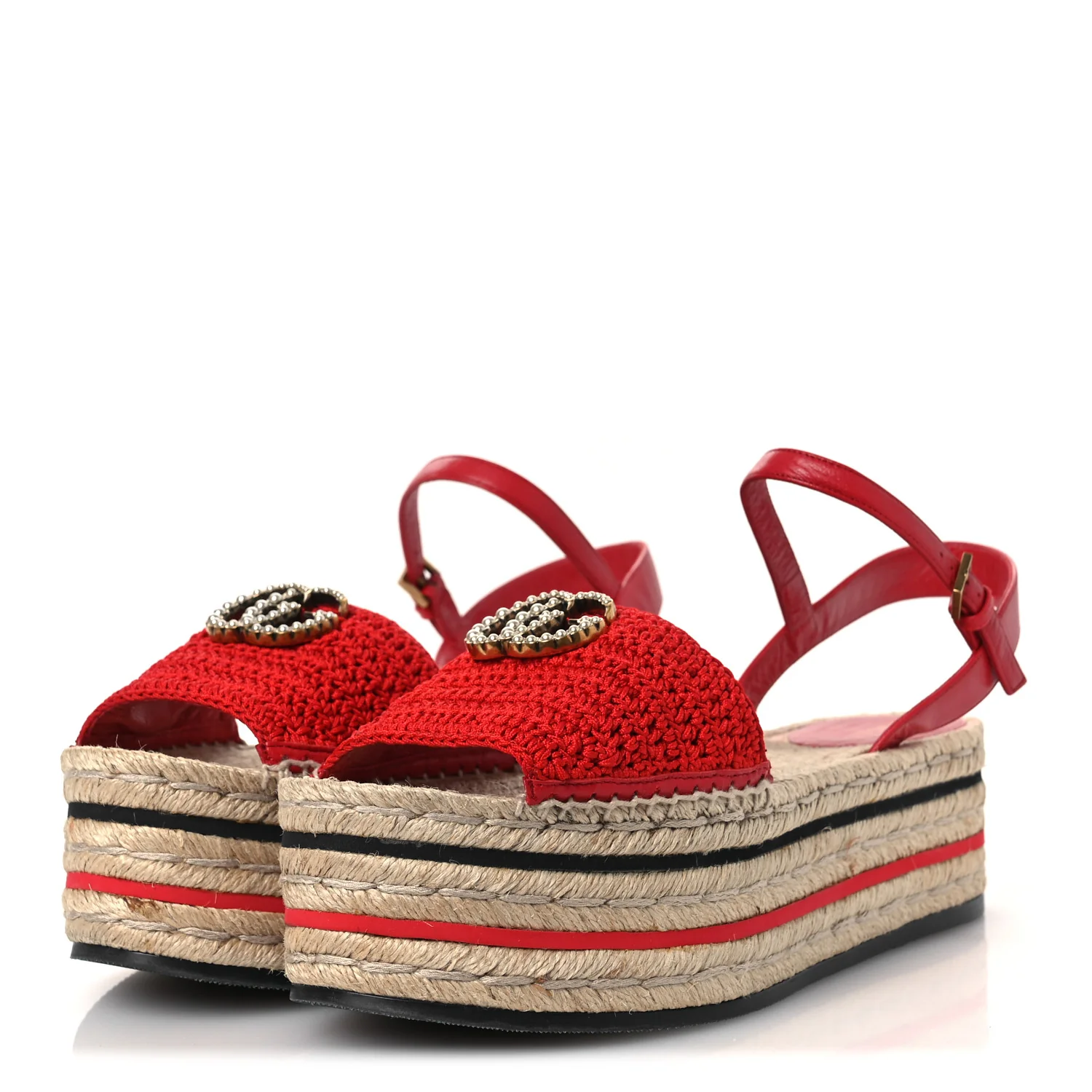 Cotton Malaga Kid Crochet Pearly GG Lilibeth Espadrille Platform Sandals 39 Hibiscus Red - Image 4