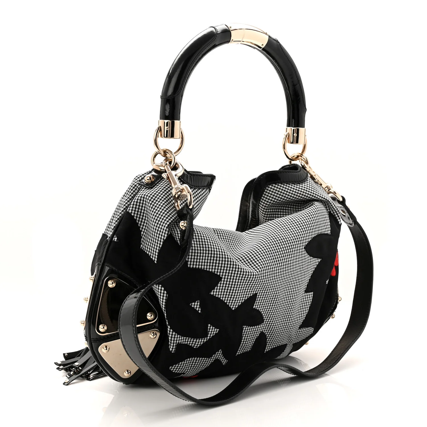 Cotton Patent Calfskin Large Indy Top Handle Hobo Black White Red - Image 3