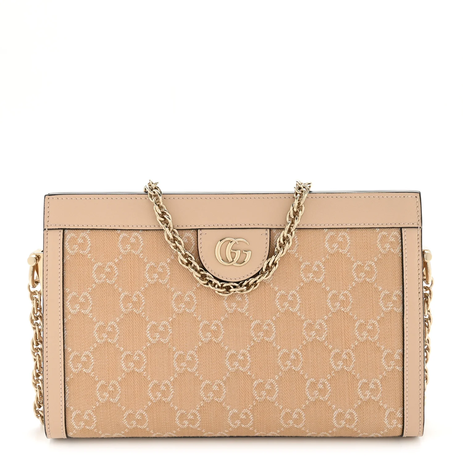 Denim Calfskin GG Monogram Small Ophidia Chain Shoulder Bag Light Beige