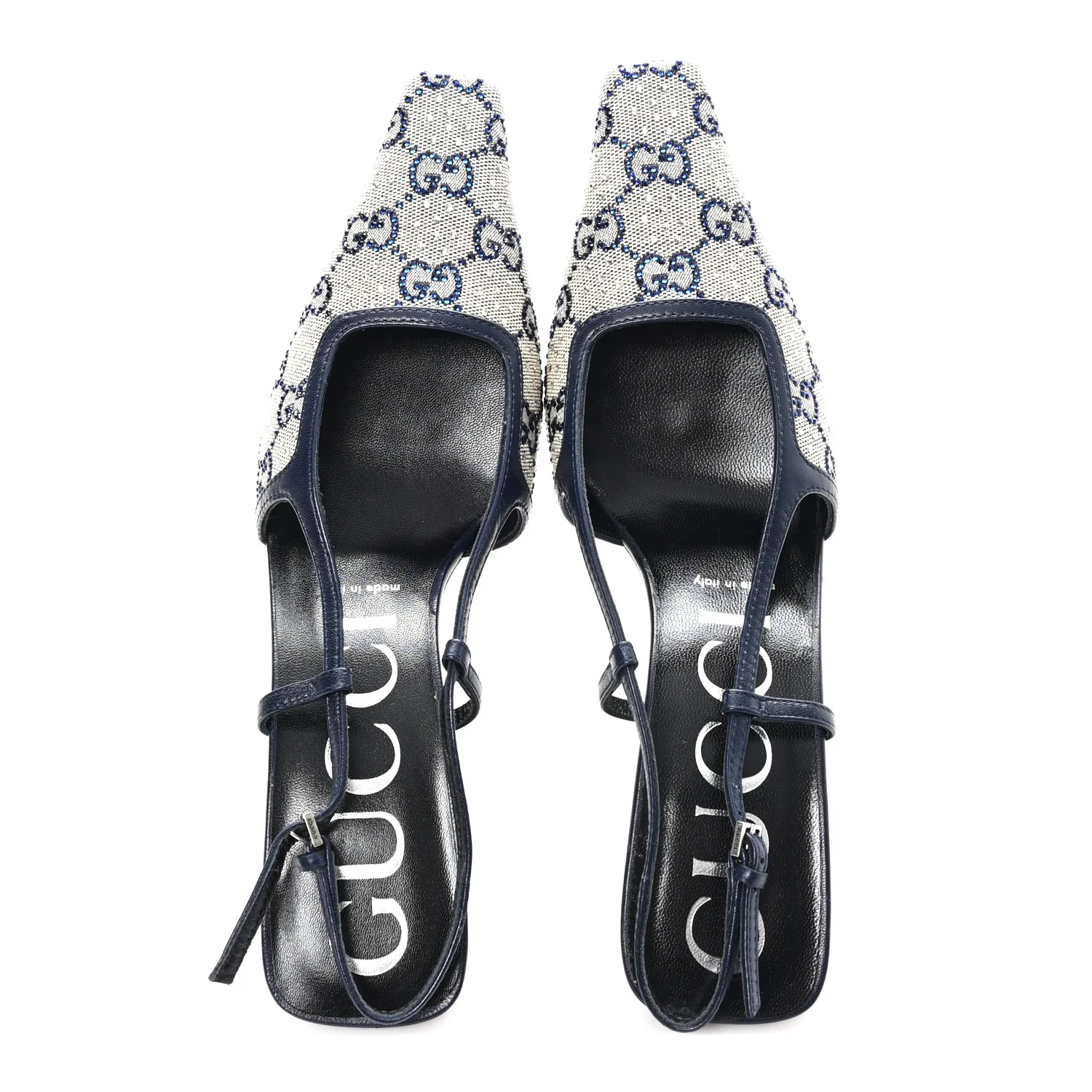 GG Monogram Malaga Kid Crystal Square G 75mm Slingback Pumps 38.5 Beige Blue - Image 2