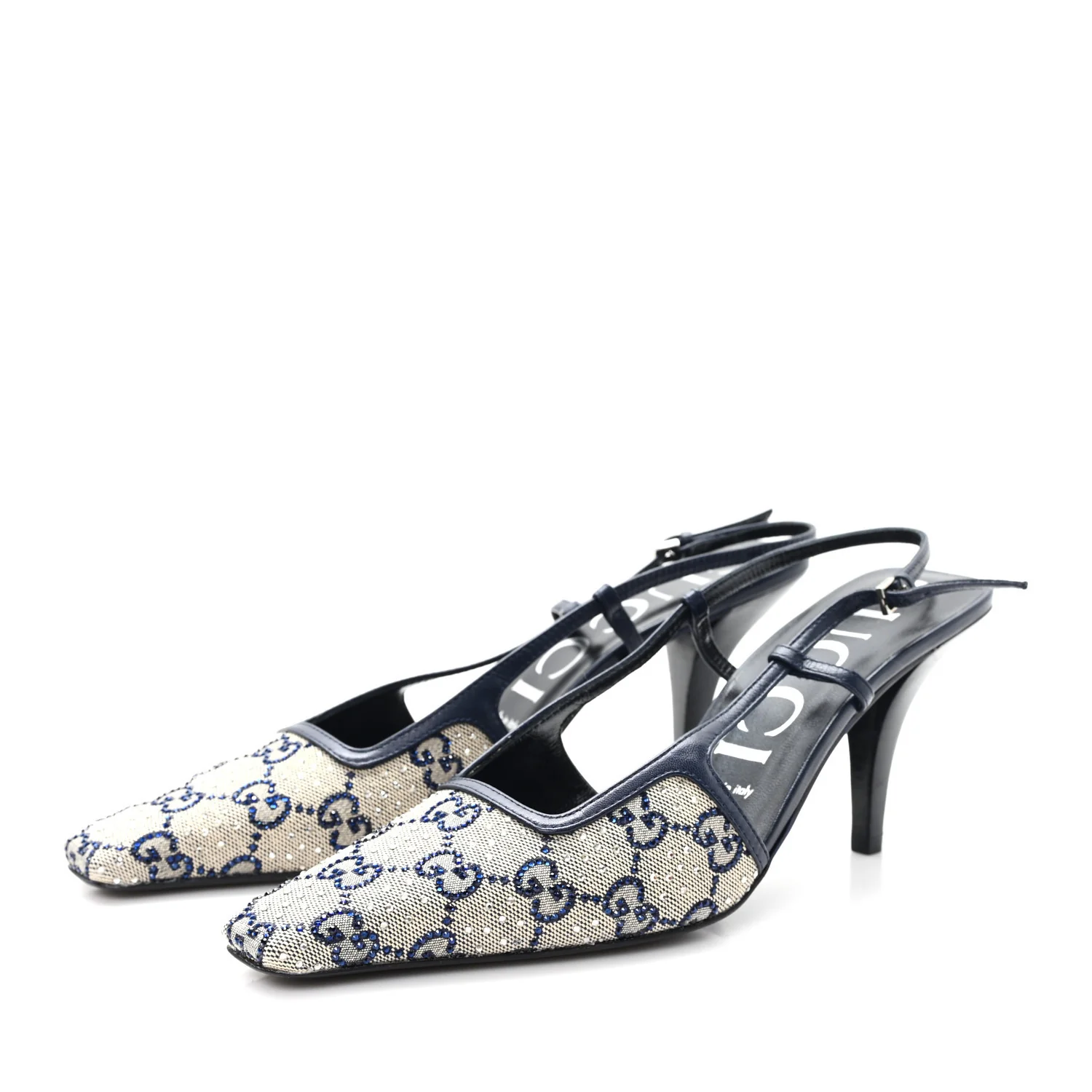 GG Monogram Malaga Kid Crystal Square G 75mm Slingback Pumps 38.5 Beige Blue - Image 4