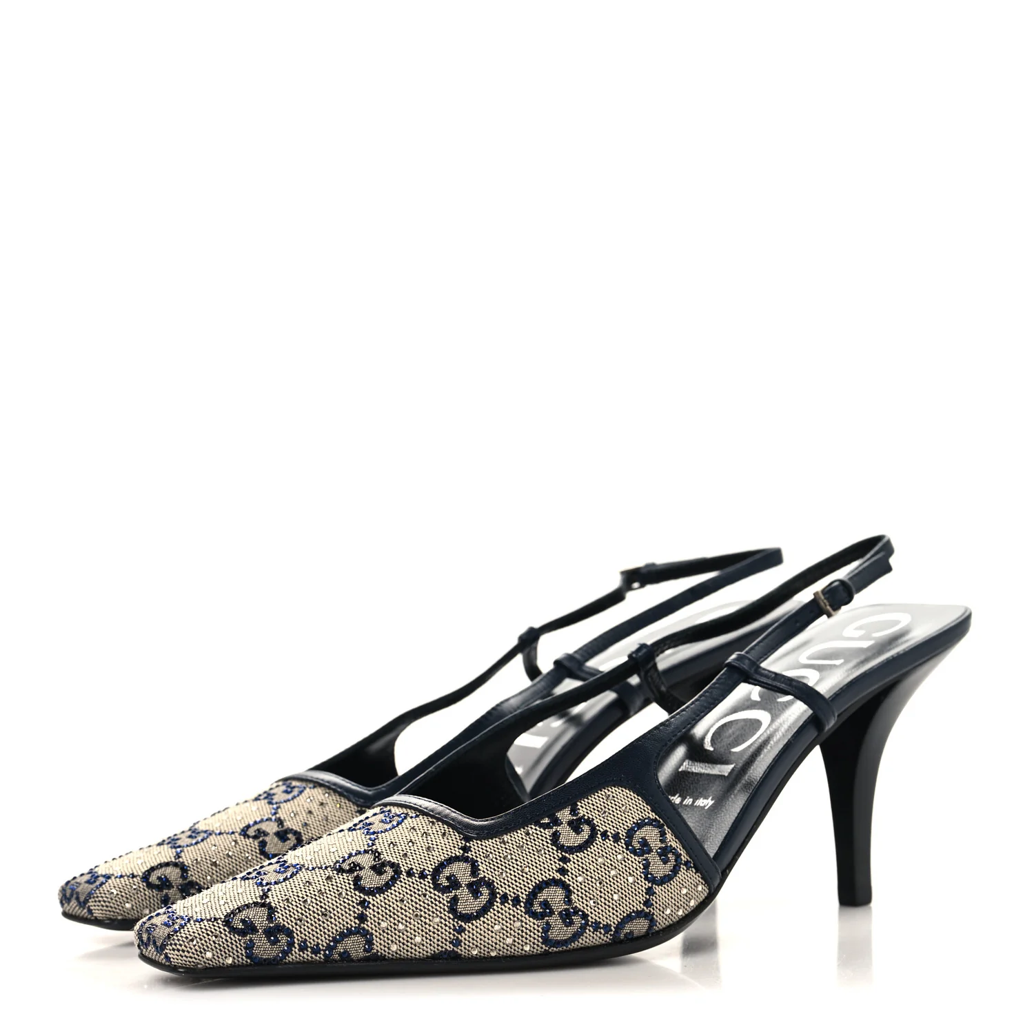 GG Monogram Malaga Kid Crystal Square G 75mm Slingback Pumps 40 Beige Blue - Image 4