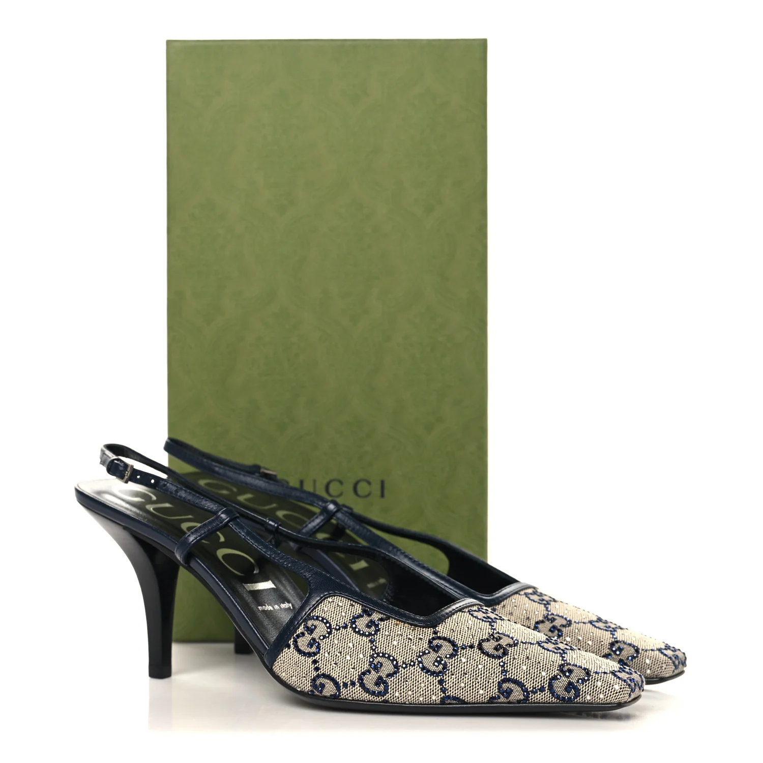 GG Monogram Malaga Kid Crystal Square G 75mm Slingback Pumps 40 Beige Blue - Image 9
