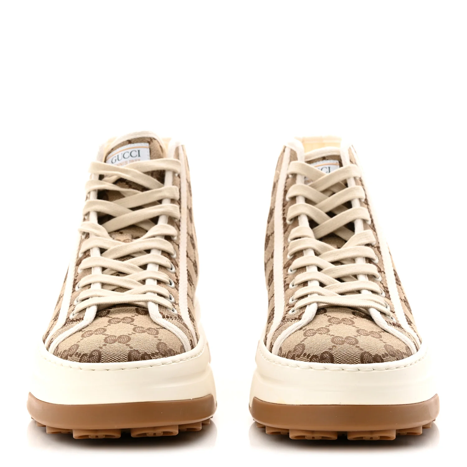 GG Monogram Mens 1977 Tennis High Top Platform 55mm Sneakers 8.5 Beige Ebony Mystic White - Image 3
