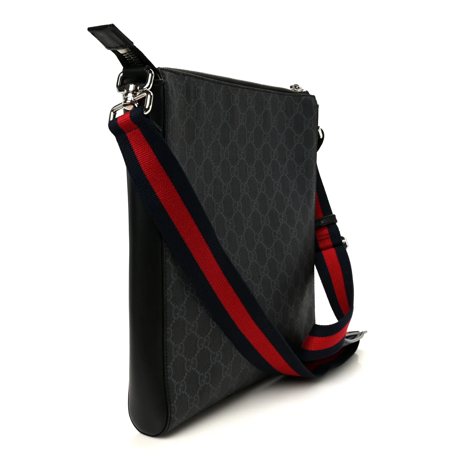GG Supreme Monogram Appia Calfskin Web Flat Messenger Bag Black Grey - Image 3