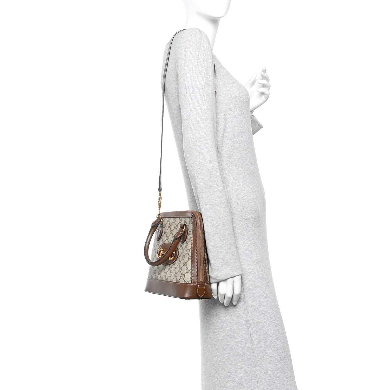 GG Supreme Monogram Azalea Calfskin Small Horsebit 1955 Top Handle Bag Beige Ebony Brown Sugar - Image 2