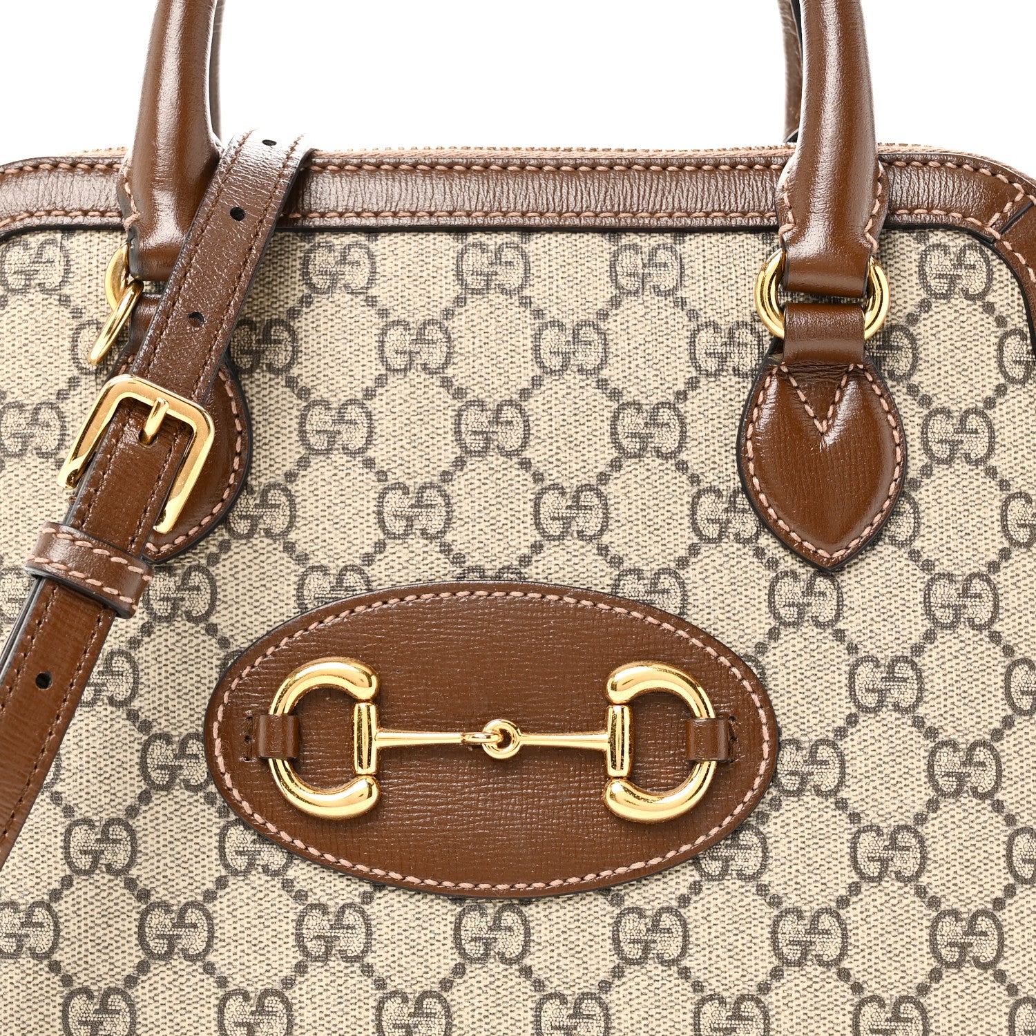 GG Supreme Monogram Azalea Calfskin Small Horsebit 1955 Top Handle Bag Beige Ebony Brown Sugar - Image 8