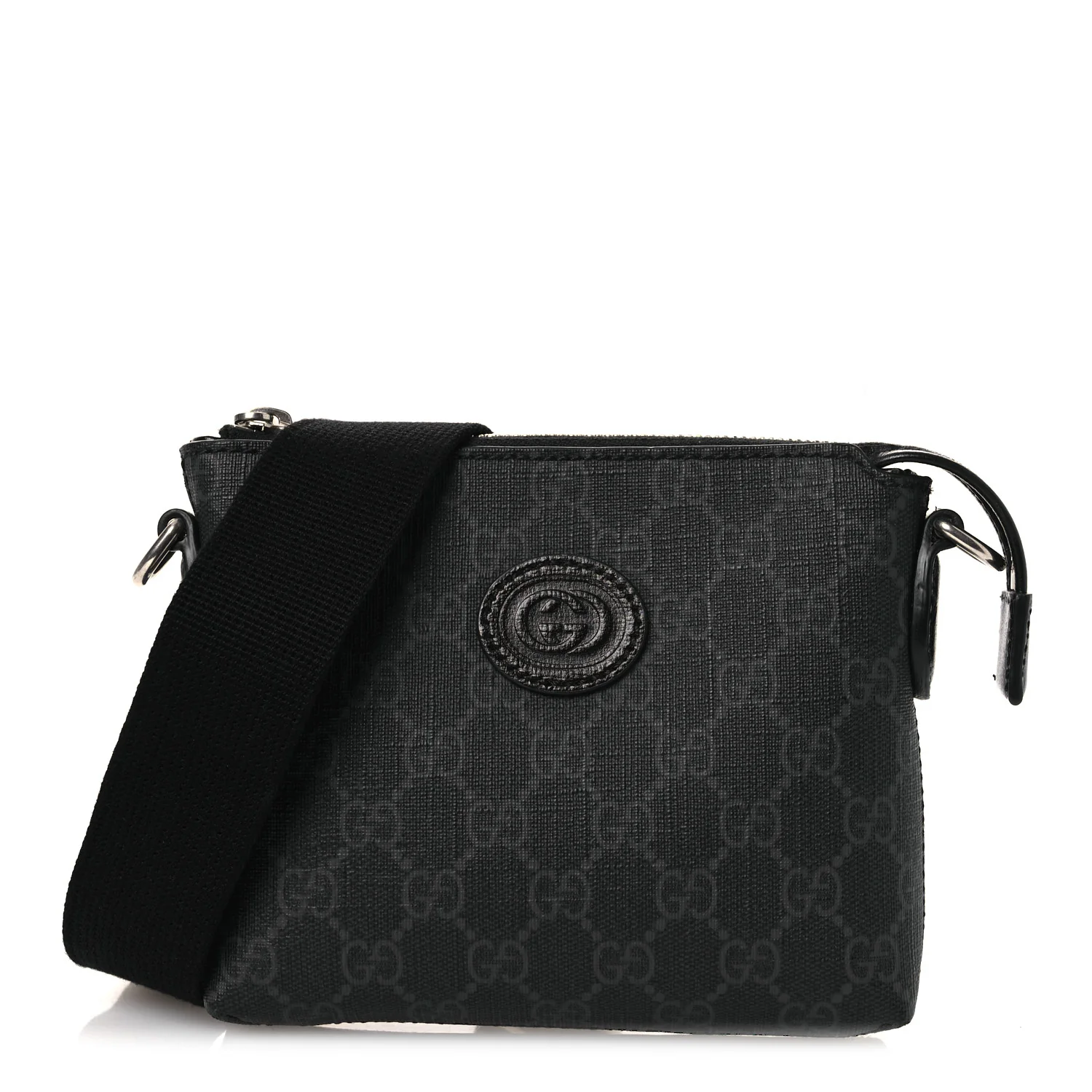GG Supreme Monogram Azalea Calfskin Small Retro Interlocking G Wristlet Messenger Bag Black