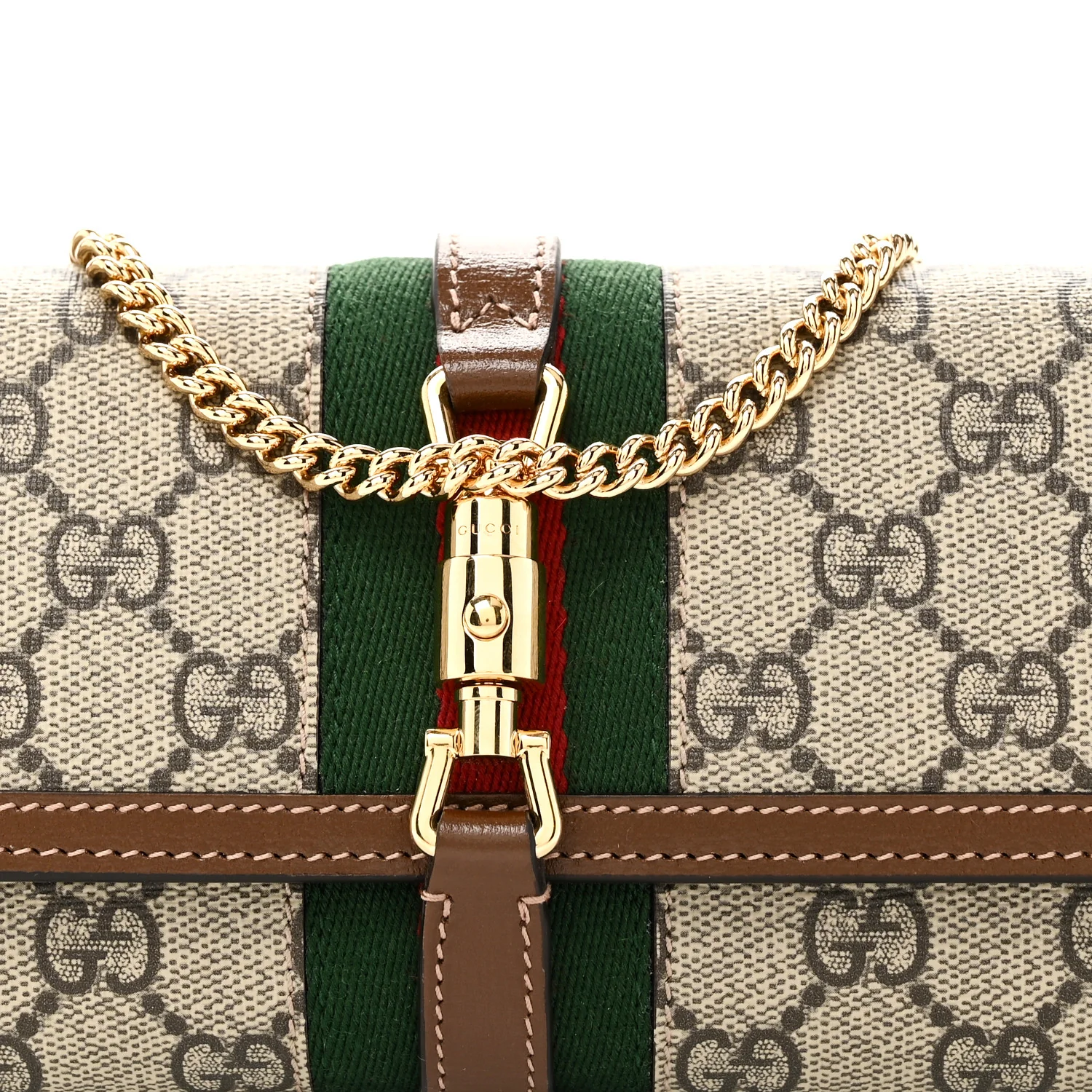 GG Supreme Monogram Azalea Calfskin Web Jackie 1961 Chain Wallet Beige Ebony Brown Sugar - Image 8