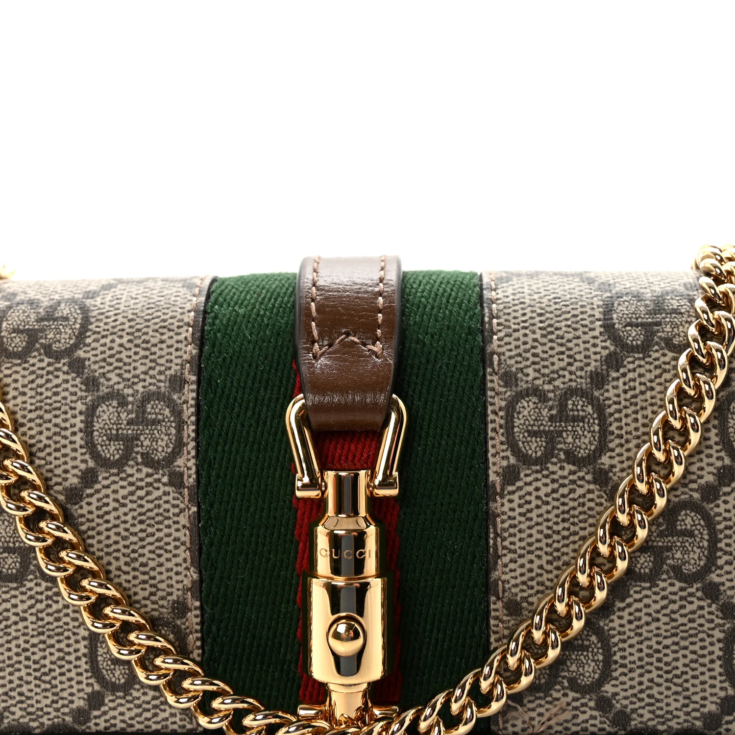 GG Supreme Monogram Azalea Calfskin Web Jackie 1961 Chain Wallet Beige Ebony Brown Sugar - Image 8