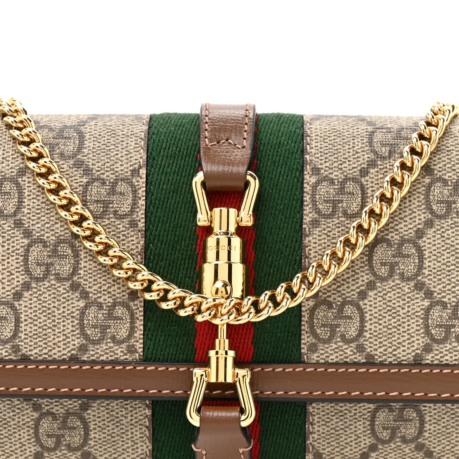 GG Supreme Monogram Azalea Calfskin Web Jackie 1961 Chain Wallet Beige Ebony Brown Sugar - Image 9