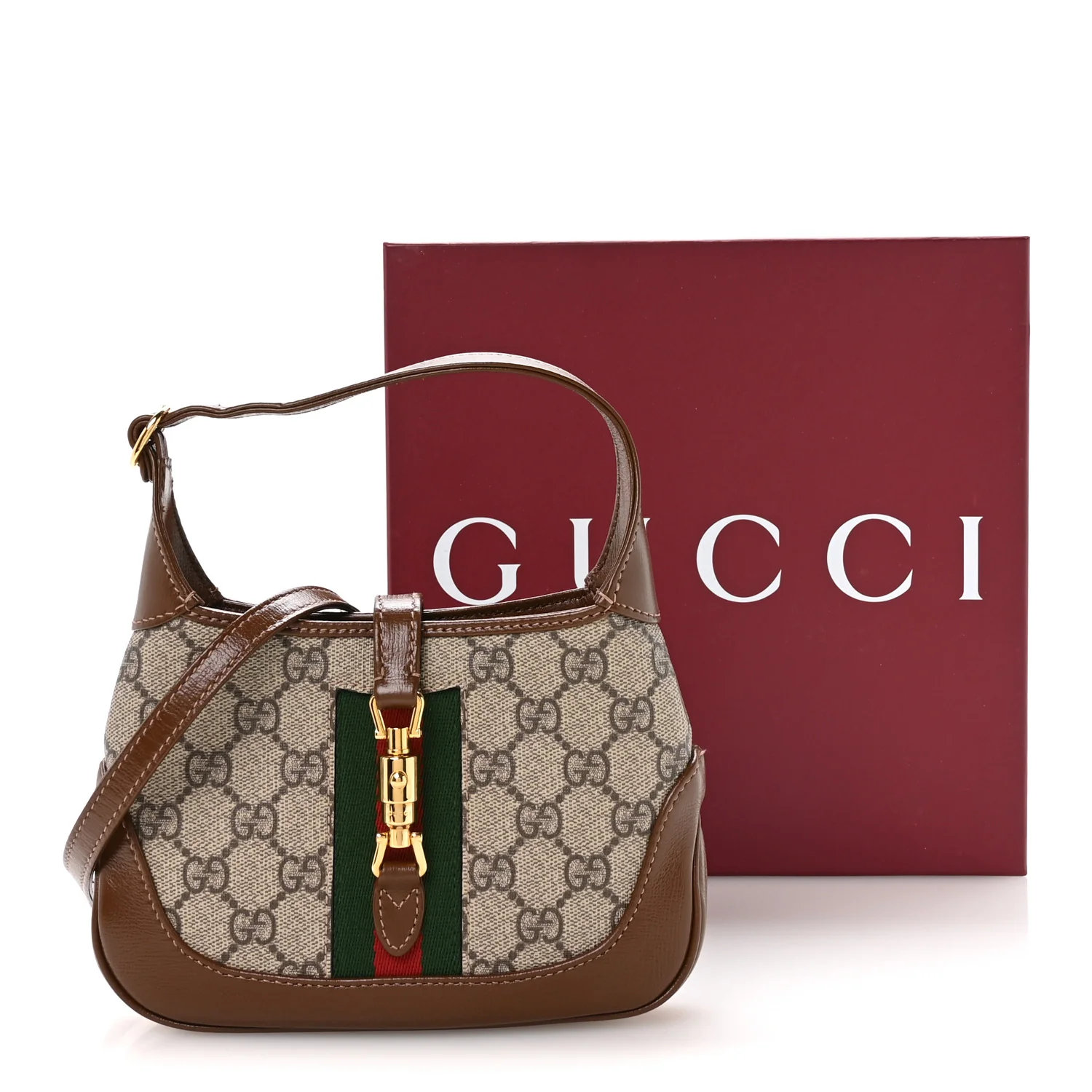 GG Supreme Monogram Azalea Calfskin Web Mini Jackie 1961 Hobo Beige Ebony Brown Sugar - Image 11