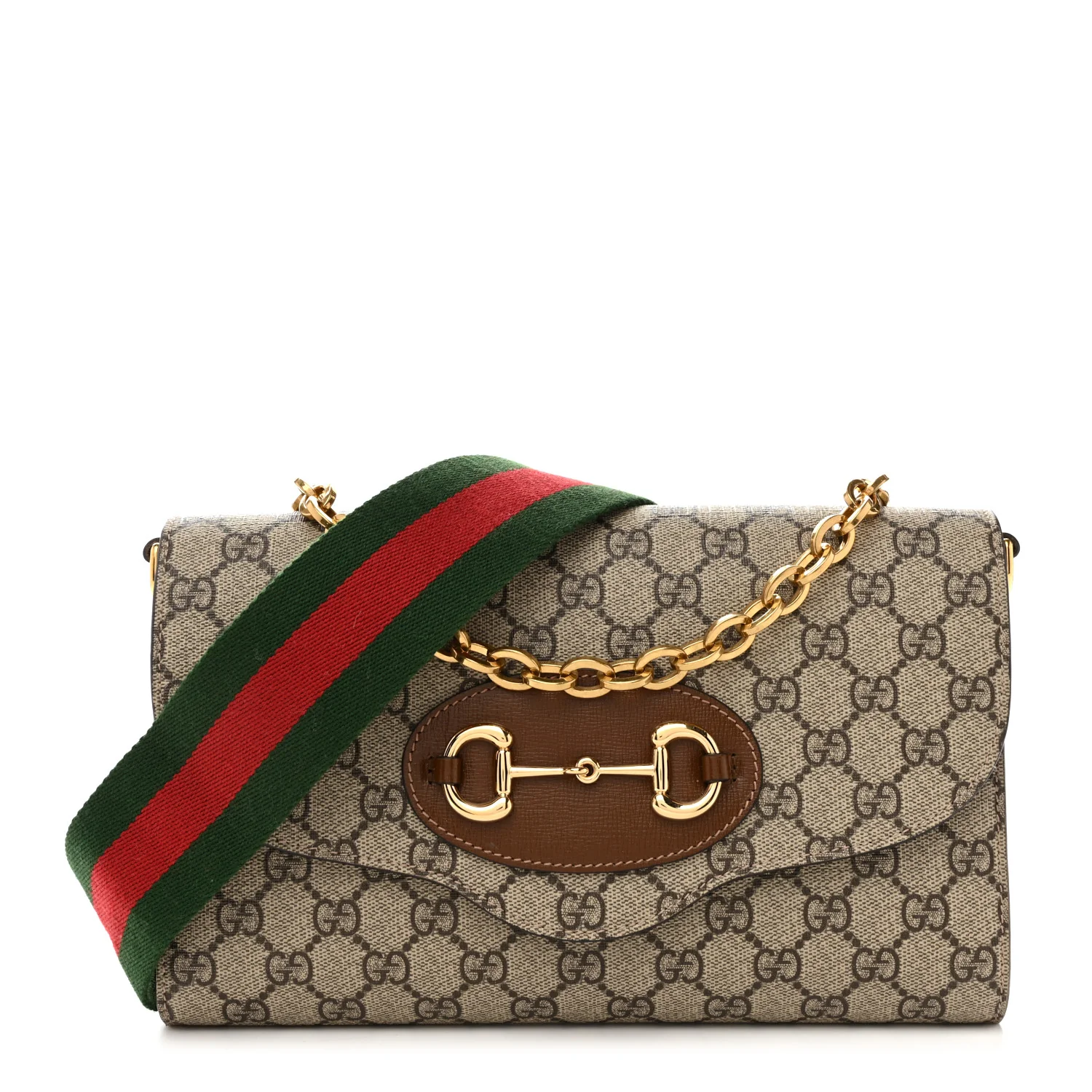 GG Supreme Monogram Azalea Calfskin Web Small Horsebit 1955 Crossbody Bag Beige Ebony Brown Sugar