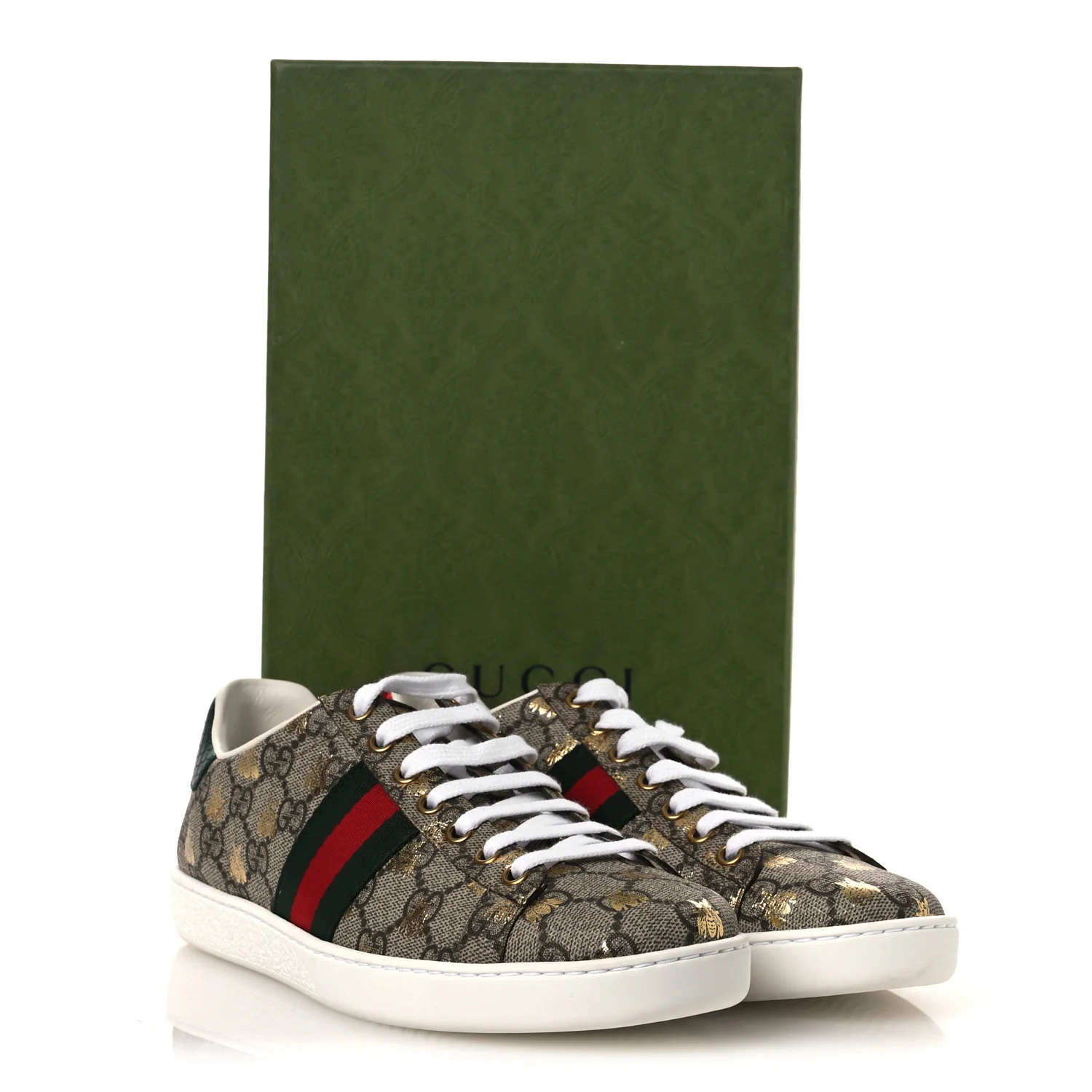 GG Supreme Monogram Bees Ayers Web Womens Ace Sneakers 37.5 Beige Oro Green Red - Image 11
