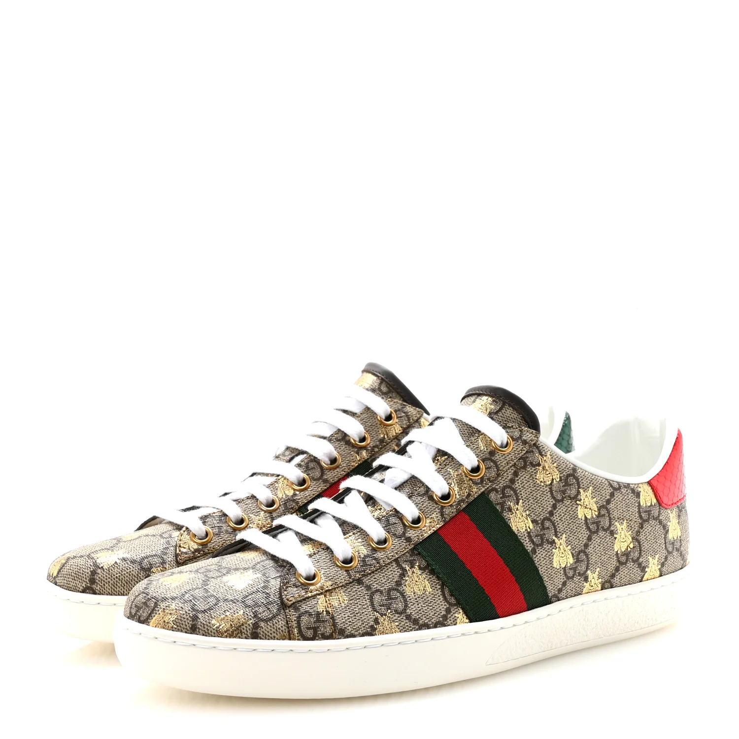 GG Supreme Monogram Bees Ayers Web Womens Ace Sneakers 38.5 Beige Oro Green Red - Image 4