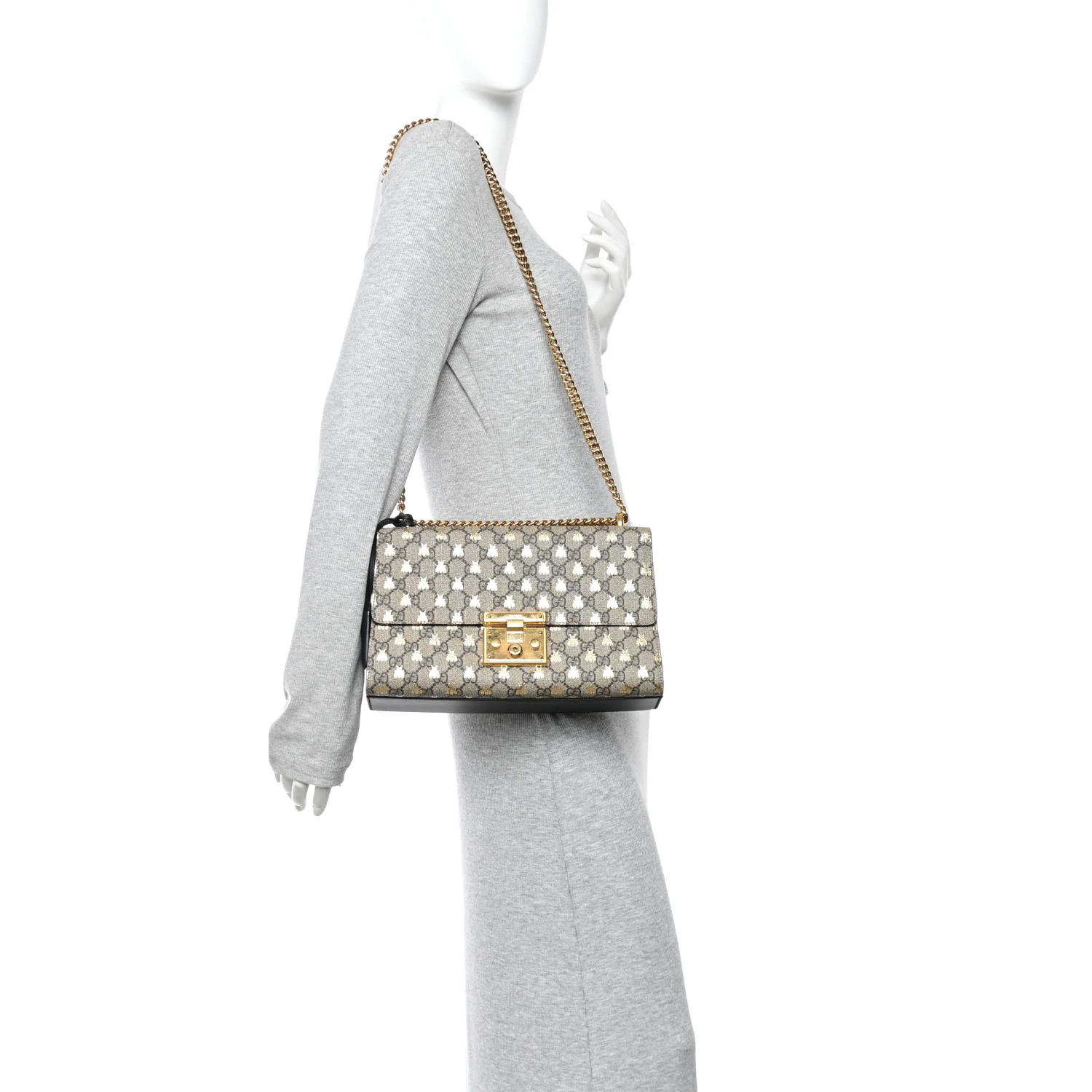 GG Supreme Monogram Bees Medium Padlock Shoulder Bag Beige Oro Black - Image 2