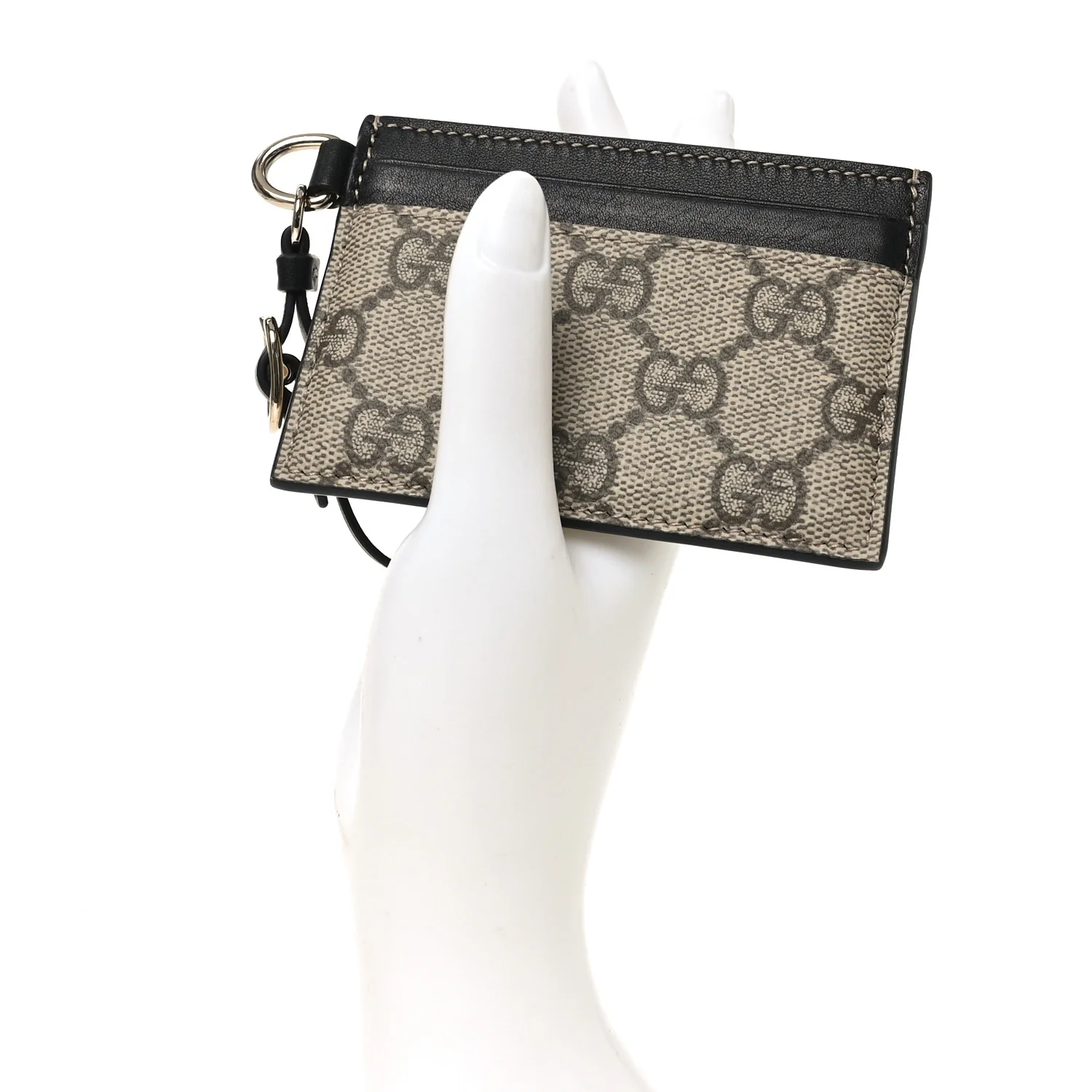 GG Supreme Monogram Calfskin Emblem Card Holder With Strap Beige Black - Image 2